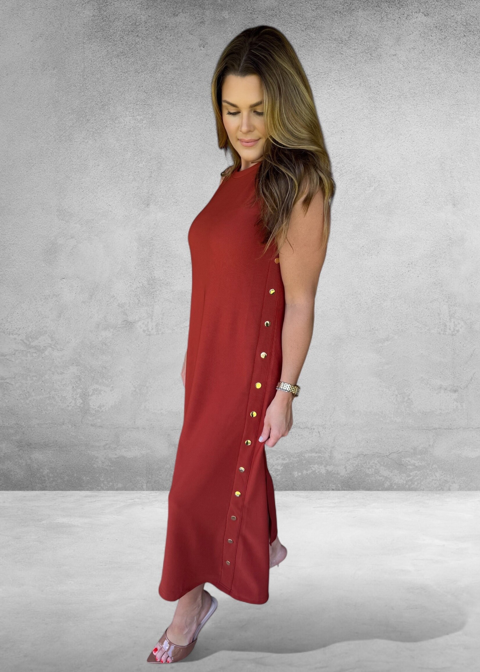 Bloom and Company Rust Maxi Gold Button Dress