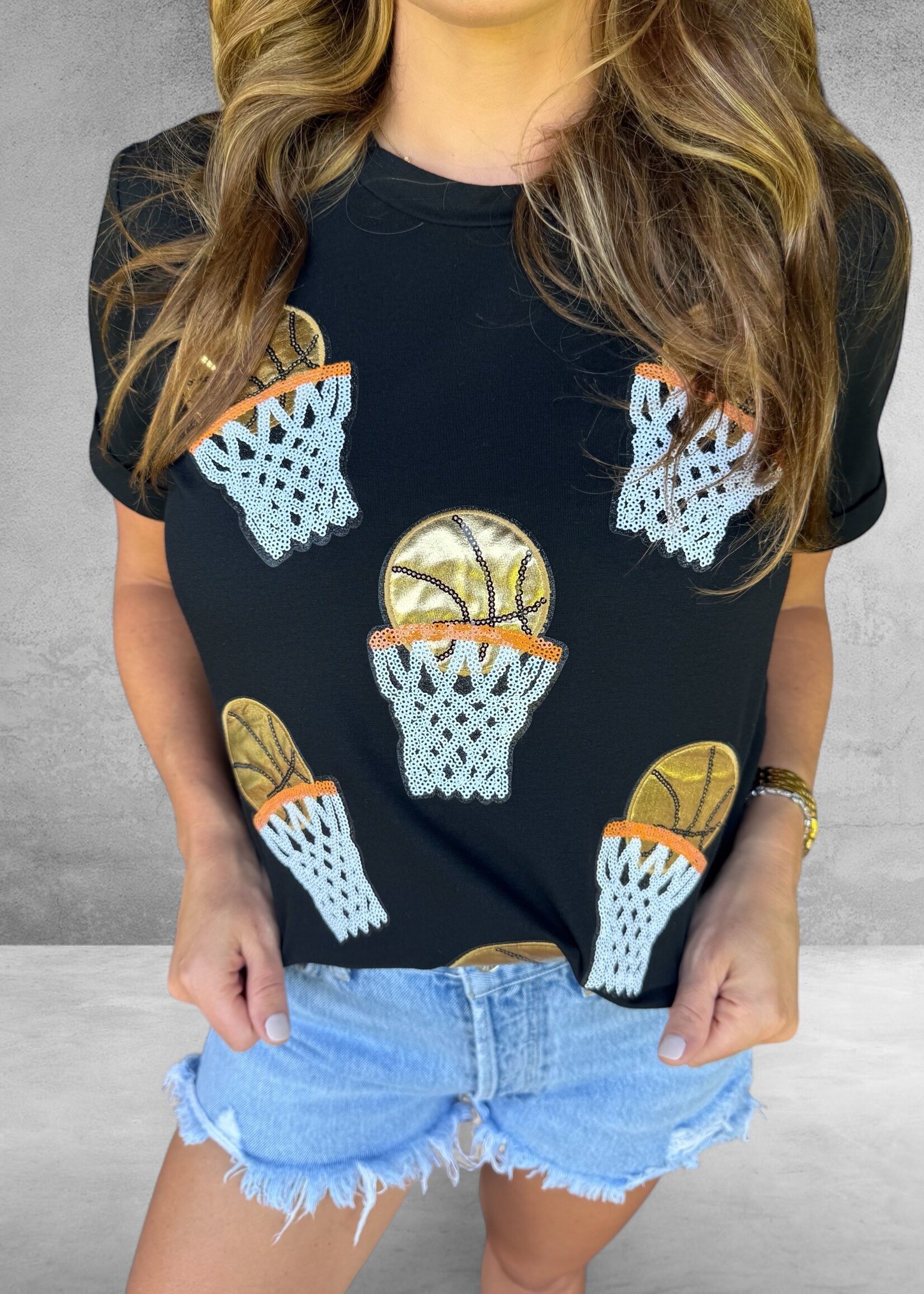 Bloom and Company Sequin Basketball Patched Graphic T-Shirt
