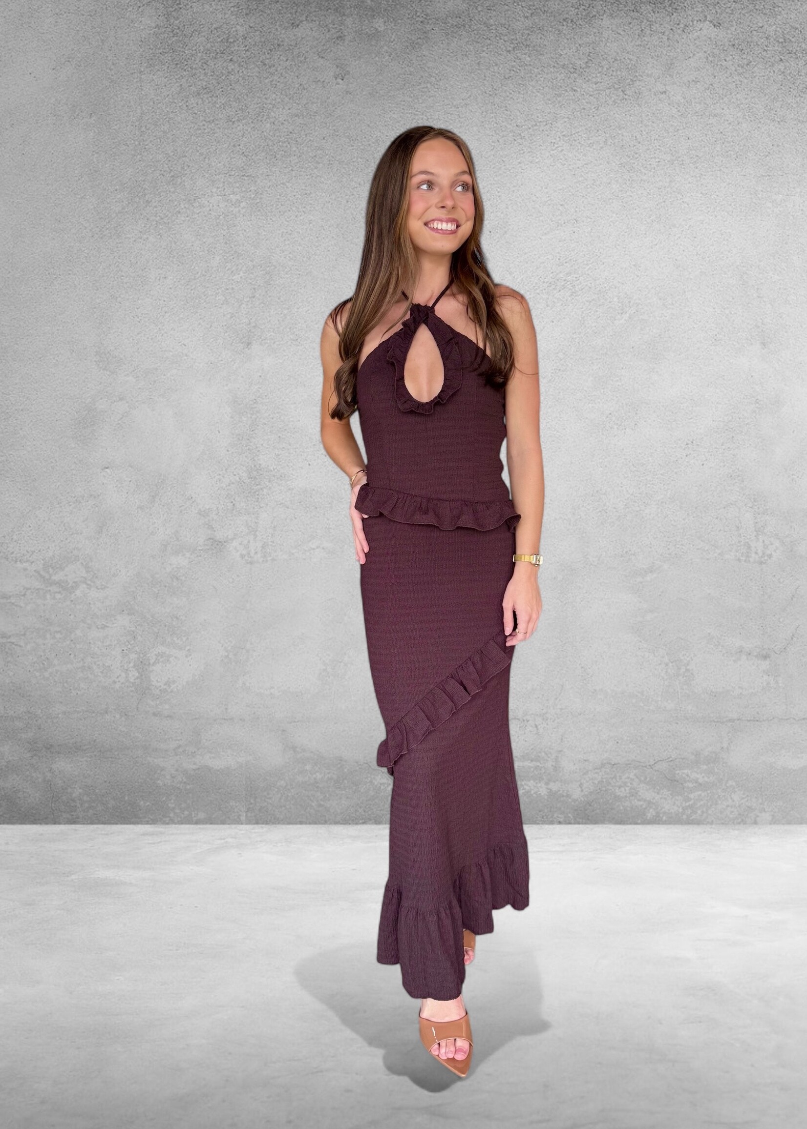 Bloom and Company Brown Halter-Neck Ruffle Accent Dress