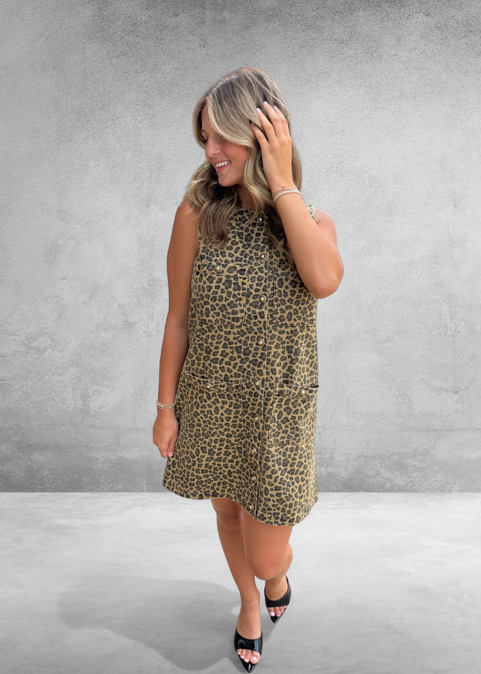 Bloom and Company Leopard Print Denim Dress w/ Gold Buttons