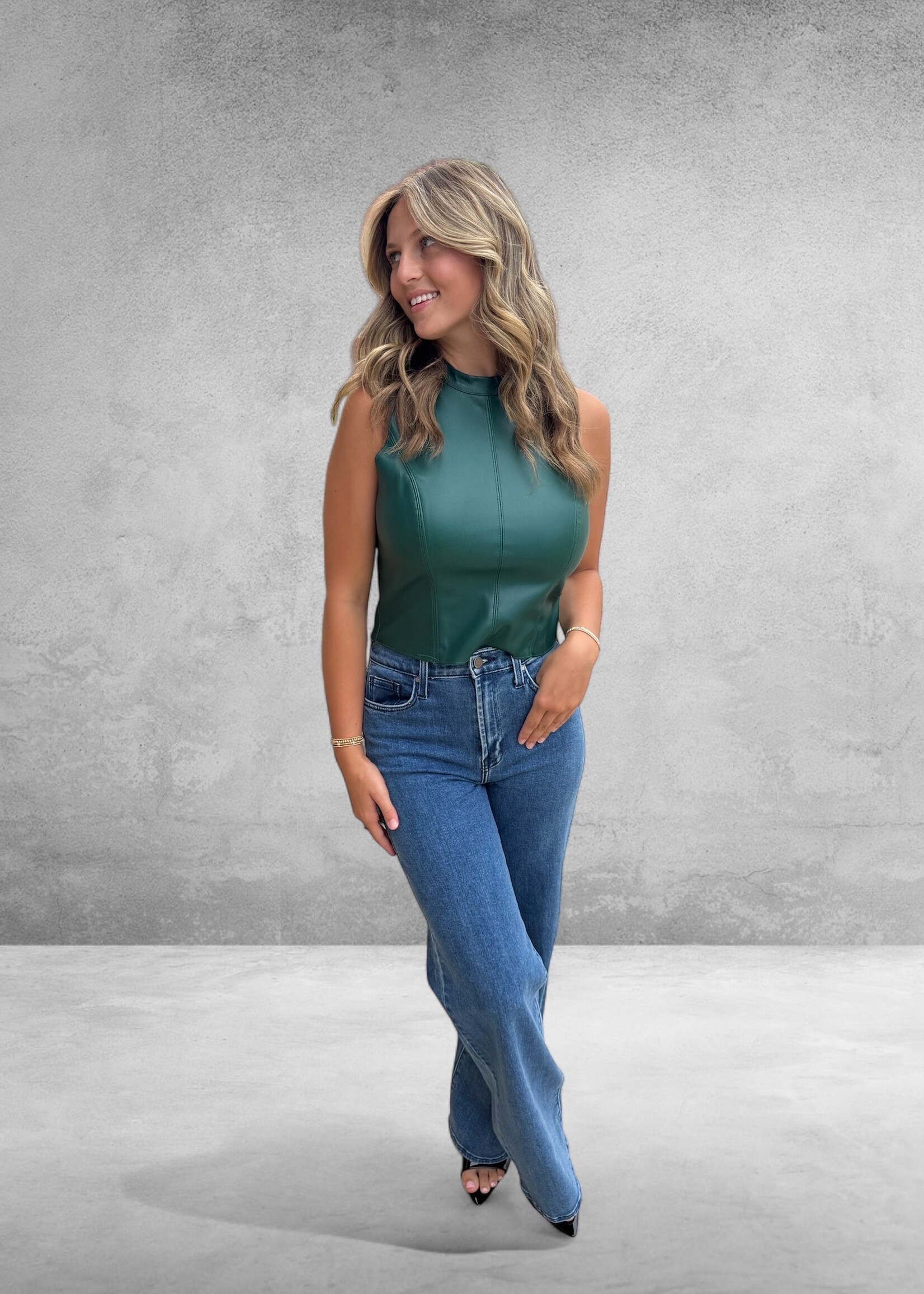 Bloom and Company Green Mock Neck Leather Top