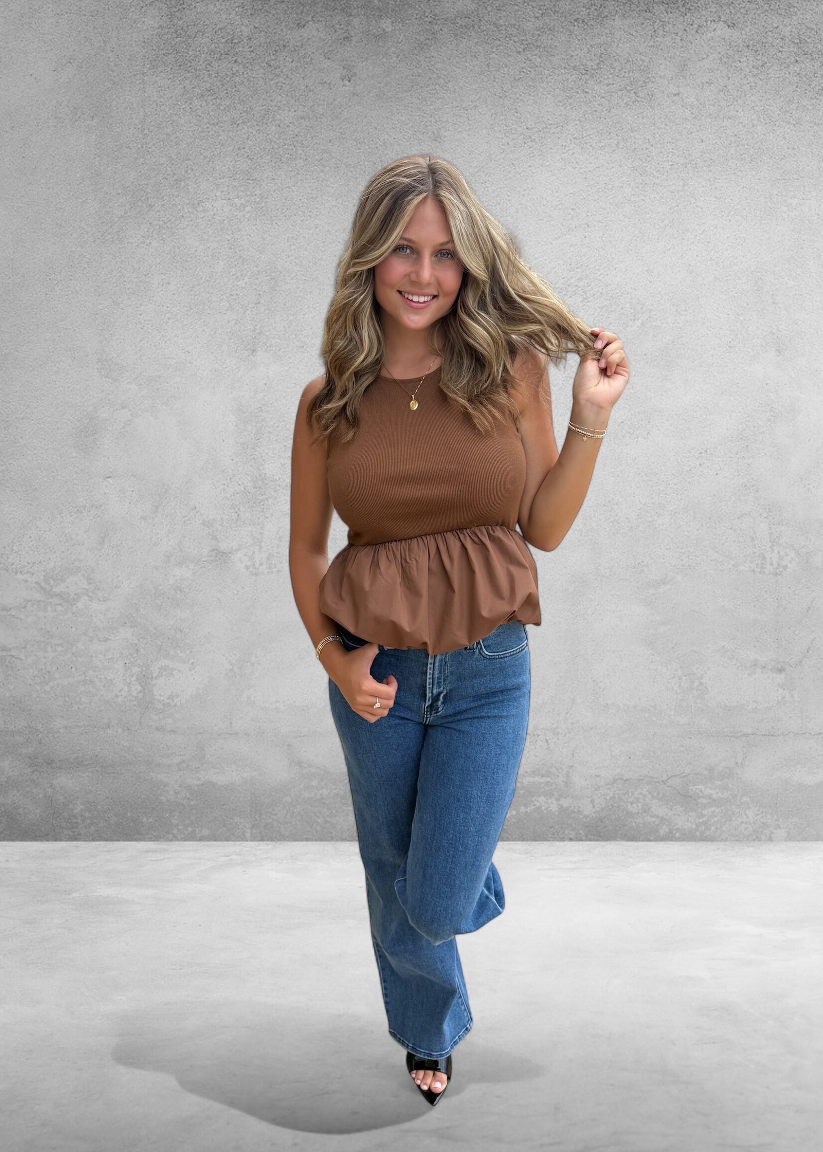 Bloom and Company Brown Round Neck Bubble Hem Top