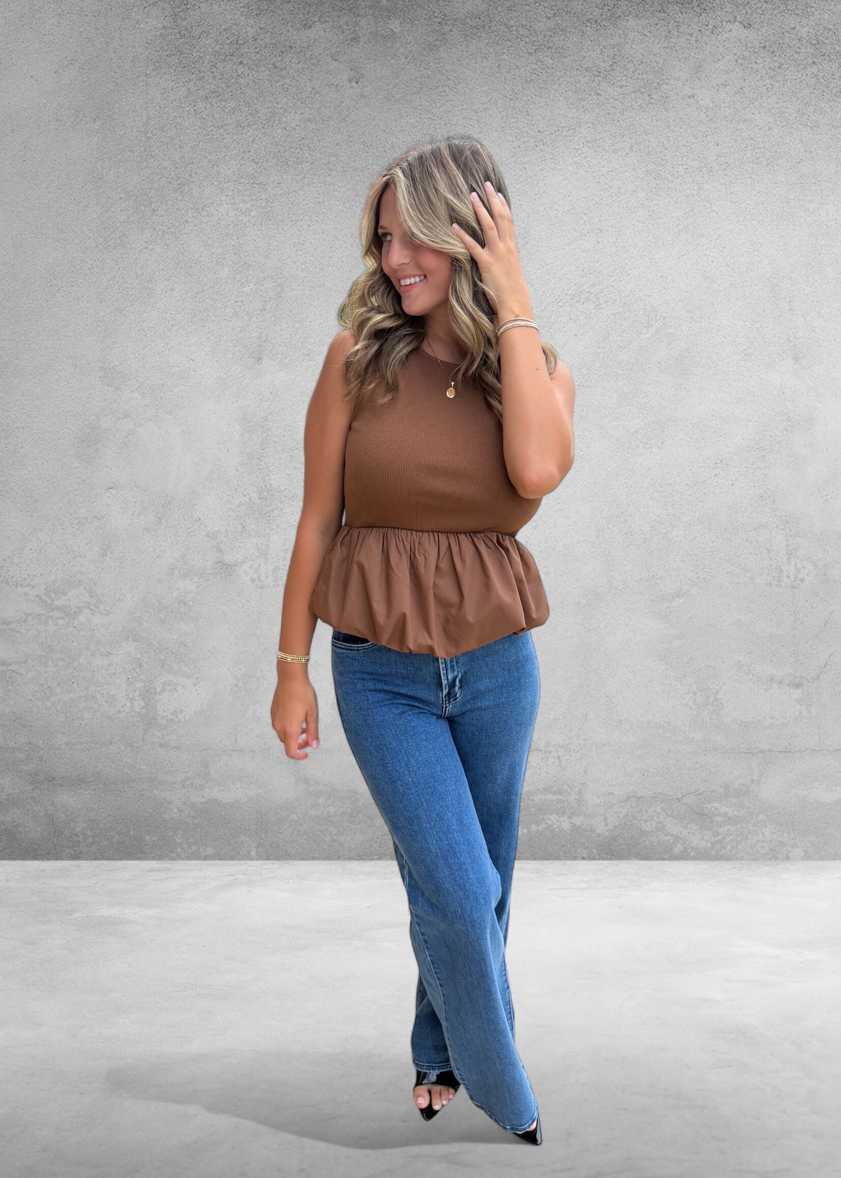 Bloom and Company Brown Round Neck Bubble Hem Top