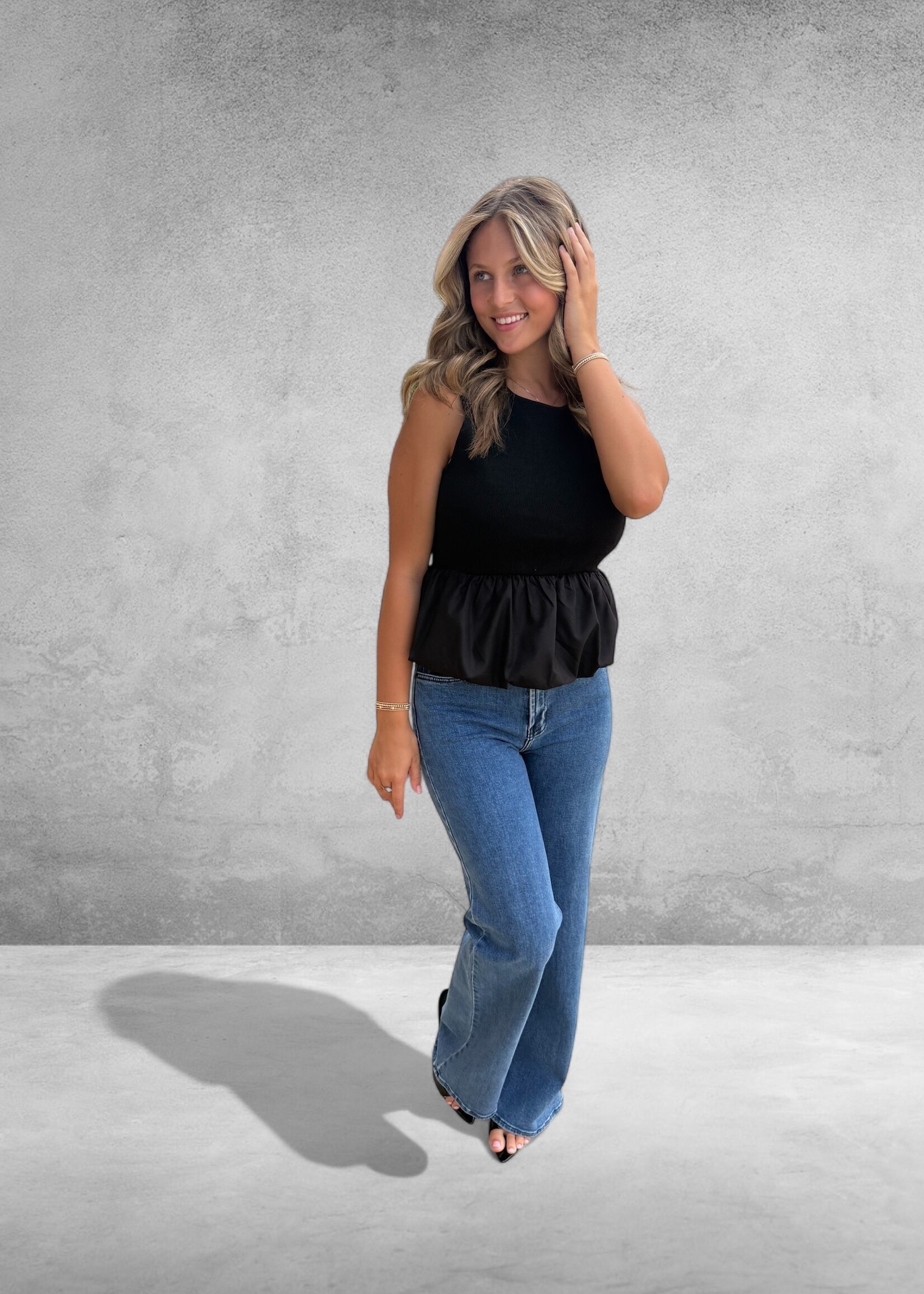 Bloom and Company Black Round Neck Bubble Hem Top
