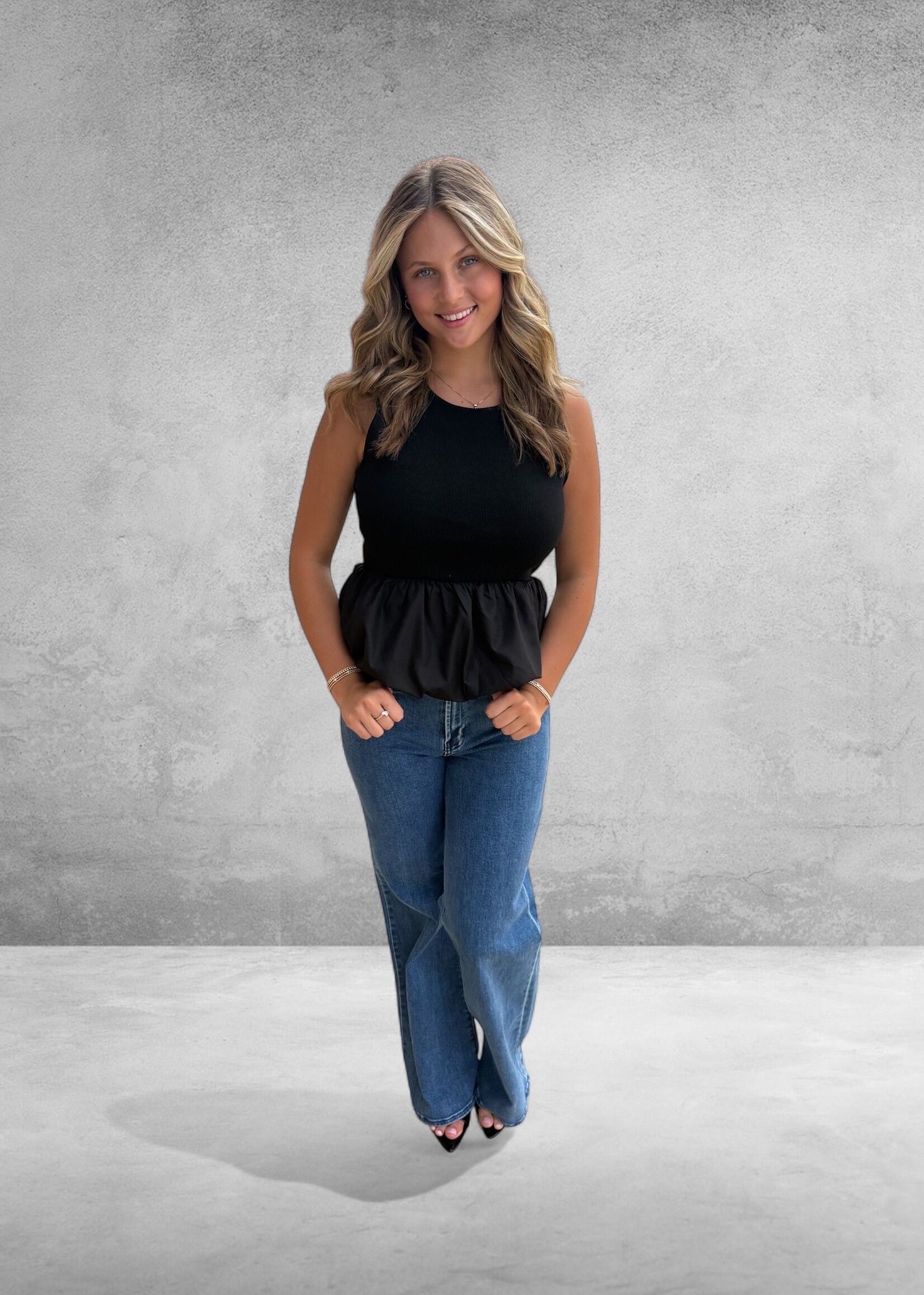 Bloom and Company Black Round Neck Bubble Hem Top