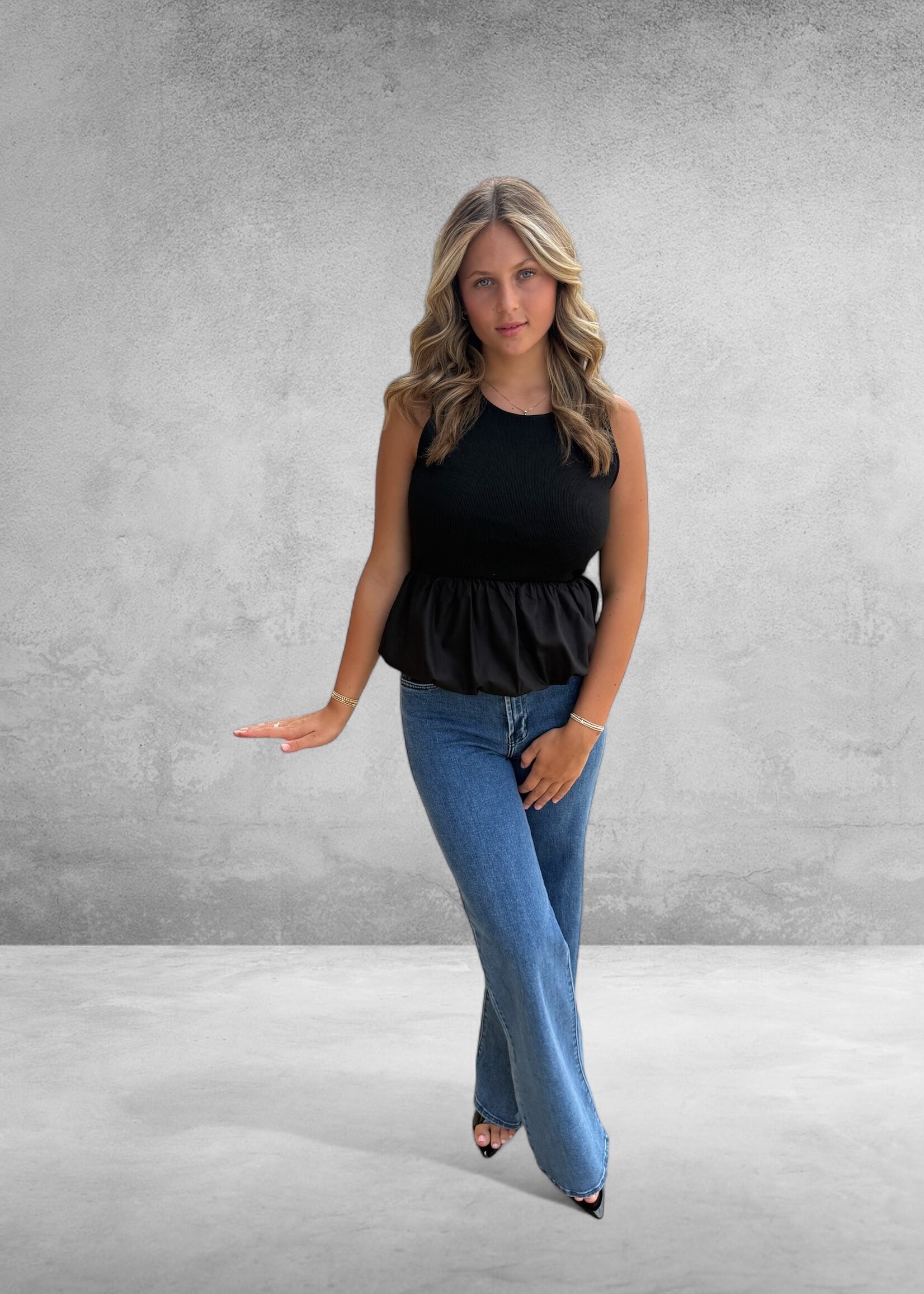 Bloom and Company Black Round Neck Bubble Hem Top