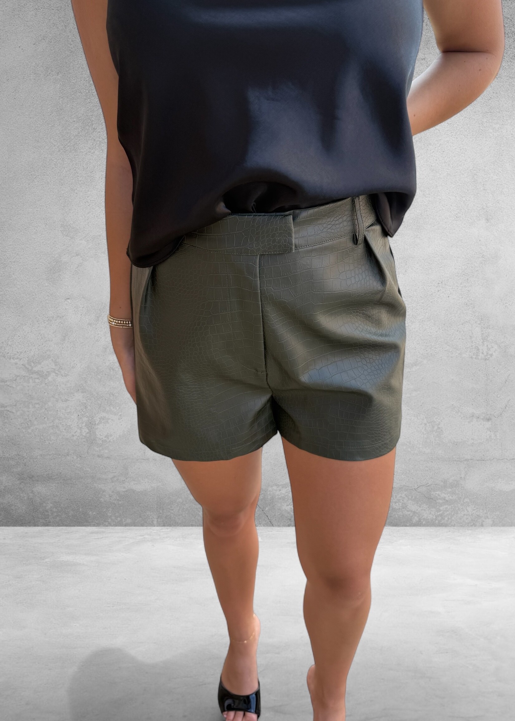 Bloom and Company Green Crocodile Faux Leather High-Waisted Shorts
