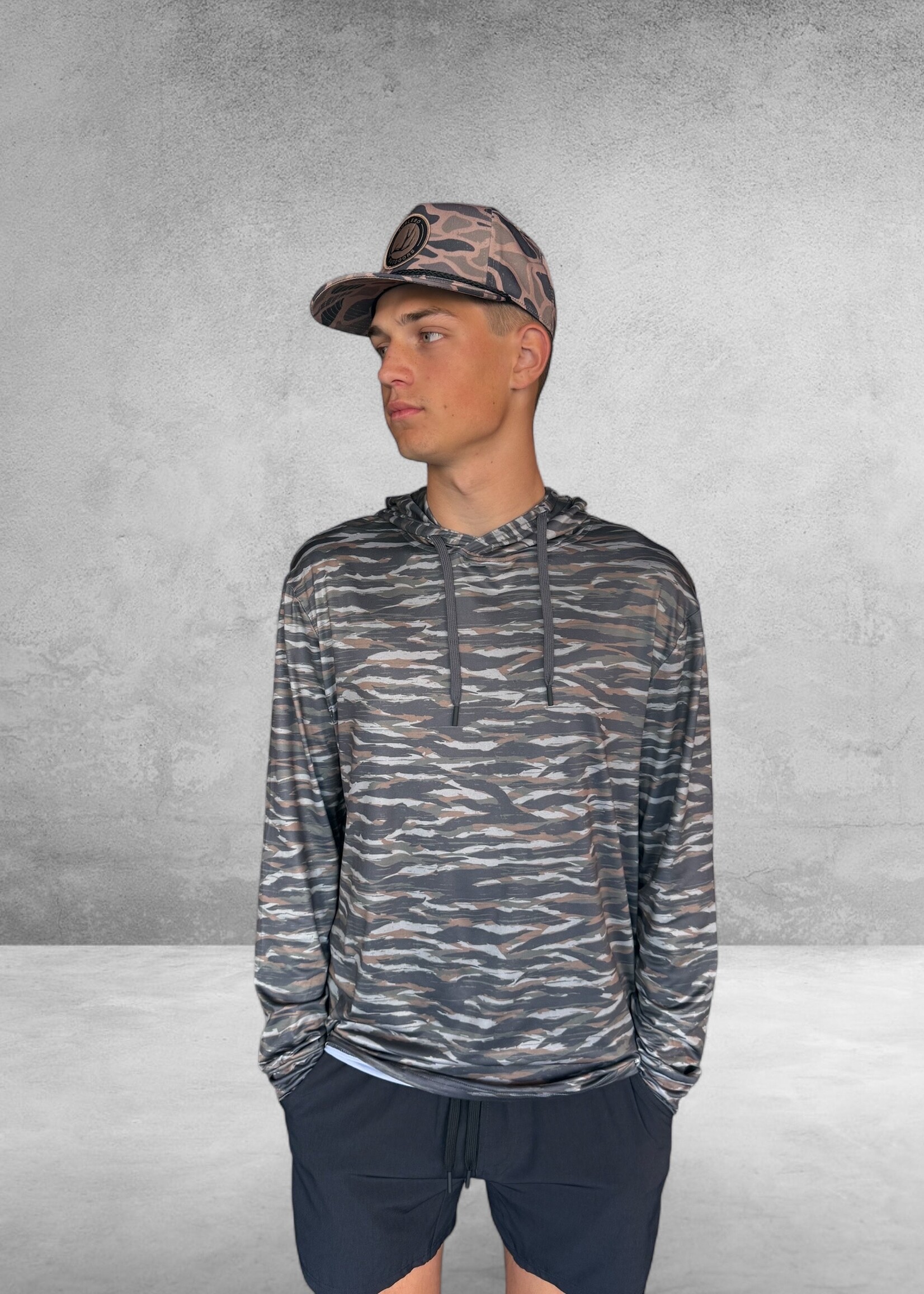 Bloom and Company Burlebo Performance Hoodie Tiger Stripe Camo Wetland