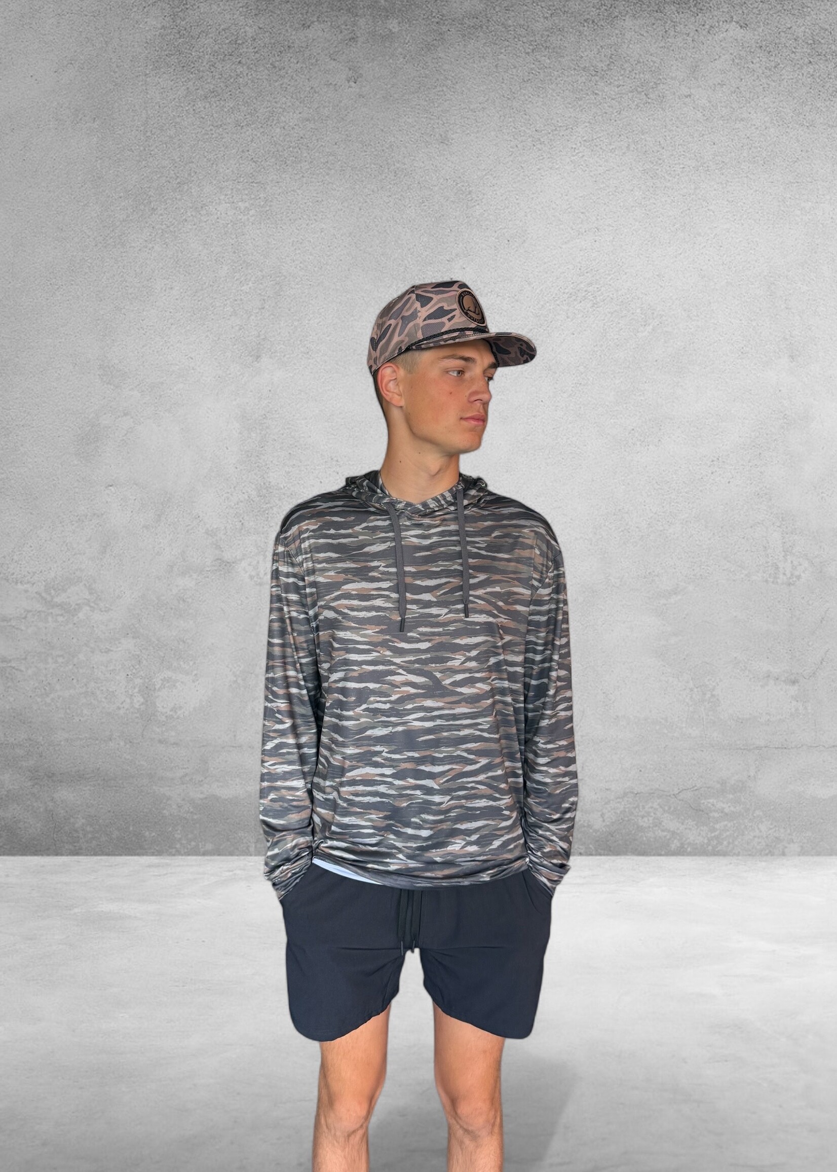 Bloom and Company Burlebo Performance Hoodie Tiger Stripe Camo Wetland