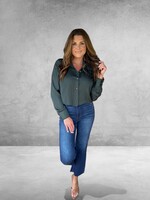 Bloom and Company Green Blanket-Stitch Cuff Button Up Blouse
