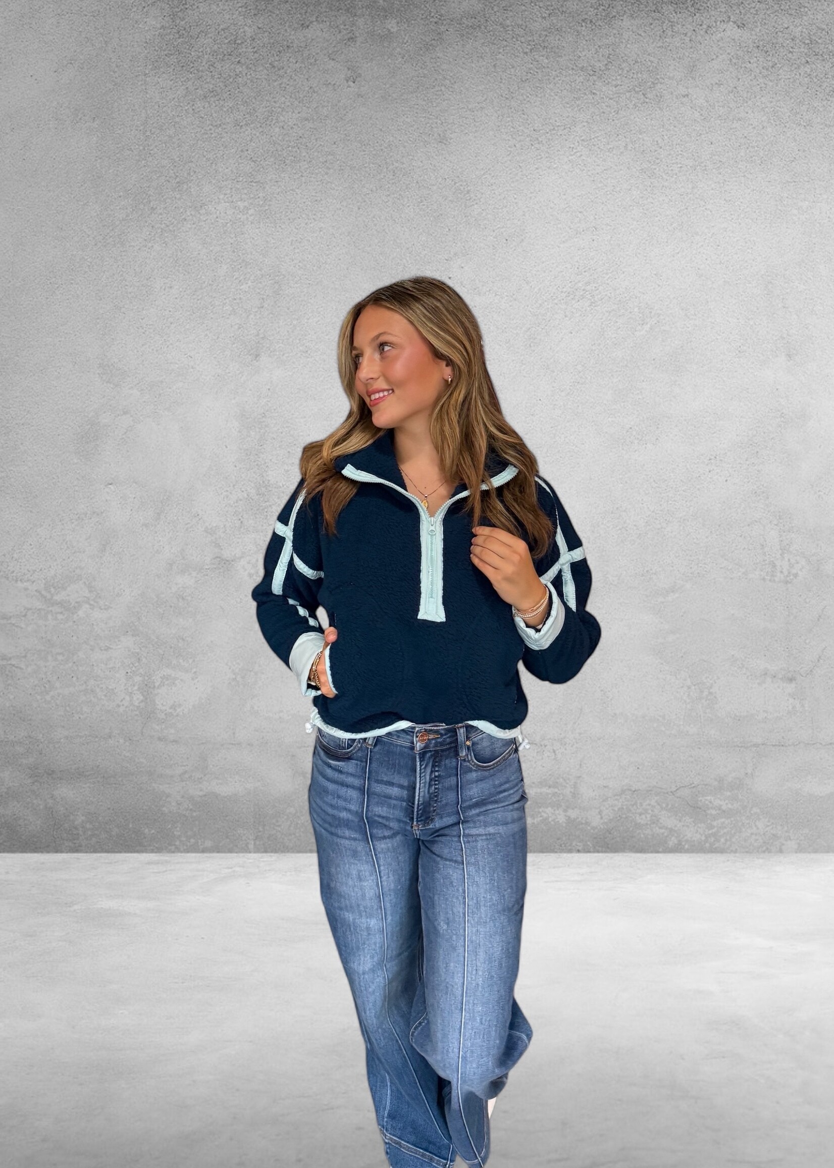 Bloom and Company Fuzzy Navy Cropped Quarter Zip