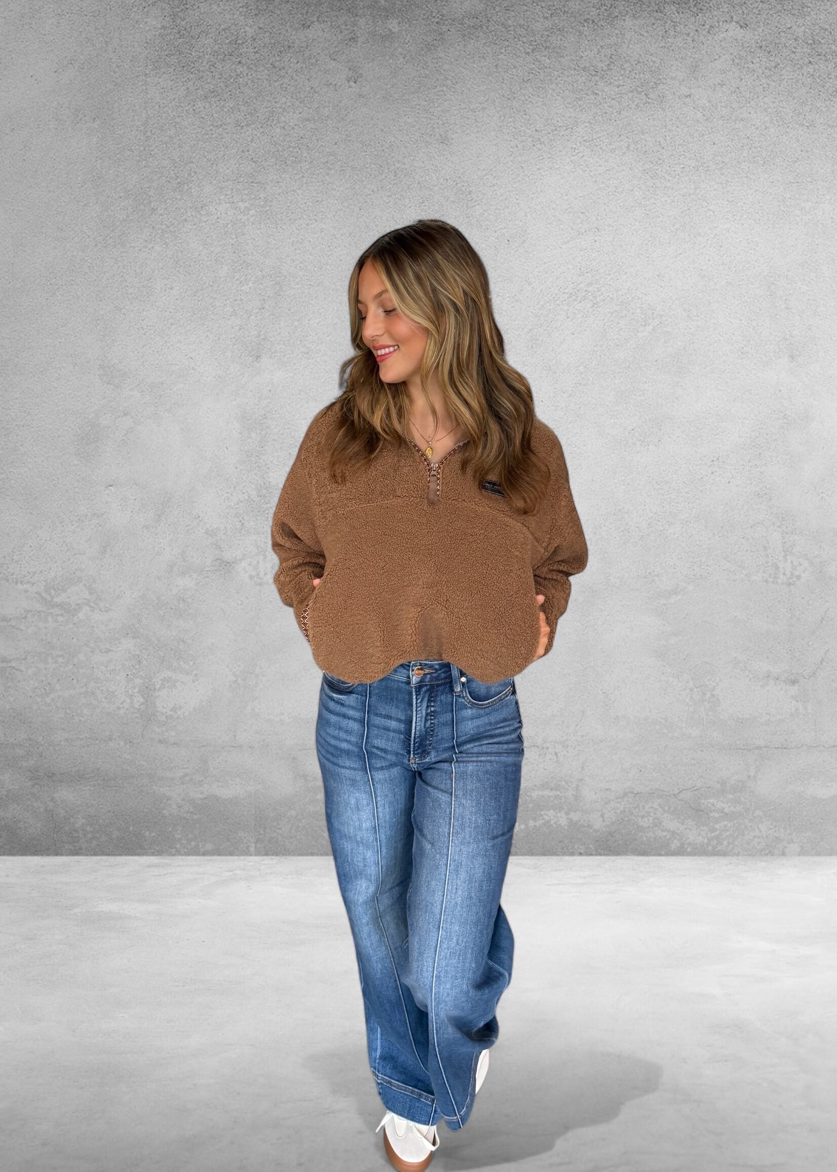 Bloom and Company Brown Fuzzy Cropped Quarter Zip