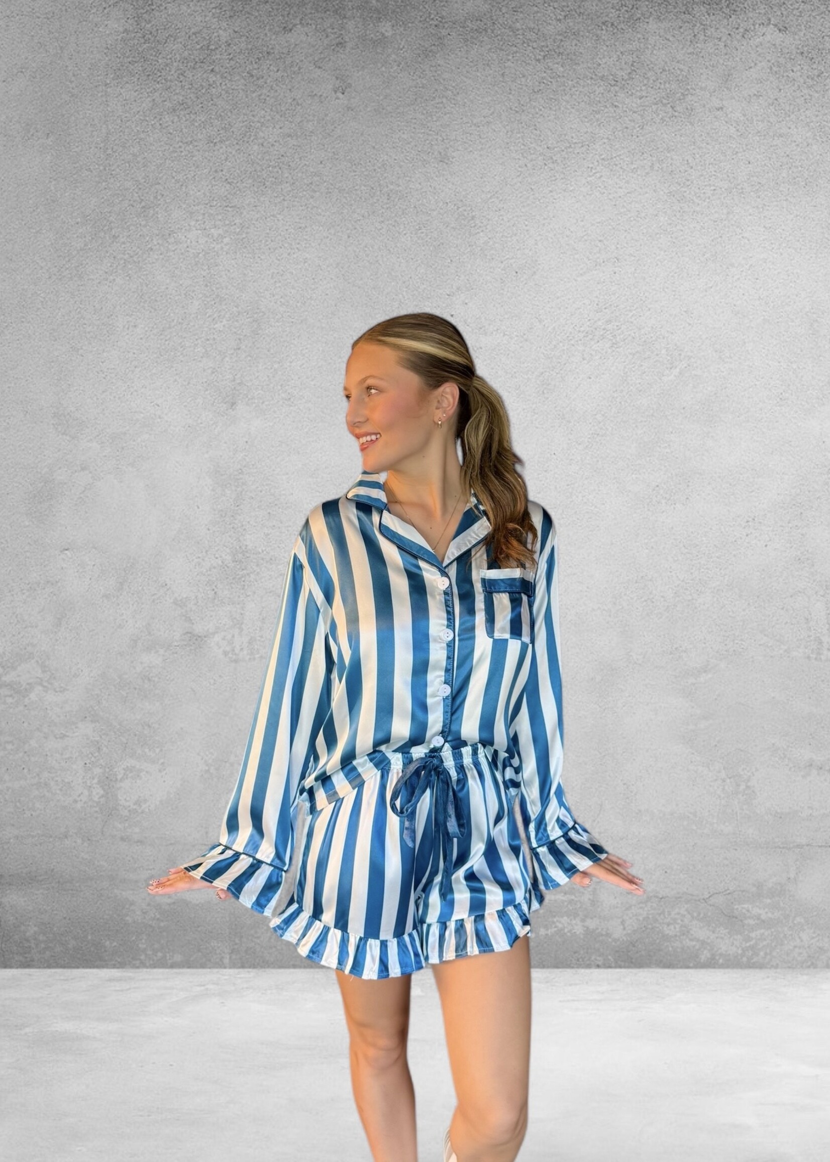 Bloom and Company Blue & White Long Sleeve Striped Satin Pajamas