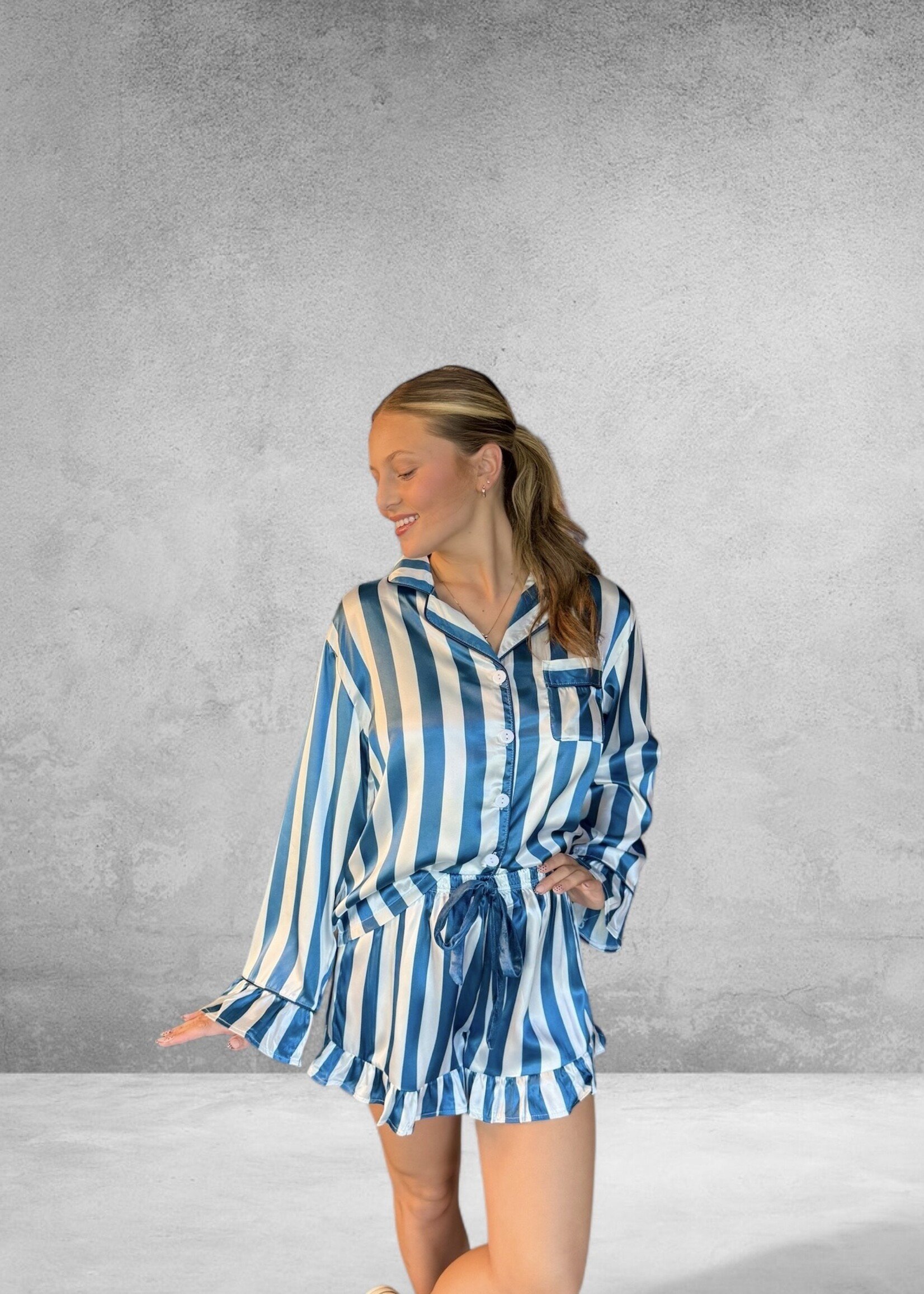 Bloom and Company Blue & White Long Sleeve Striped Satin Pajamas