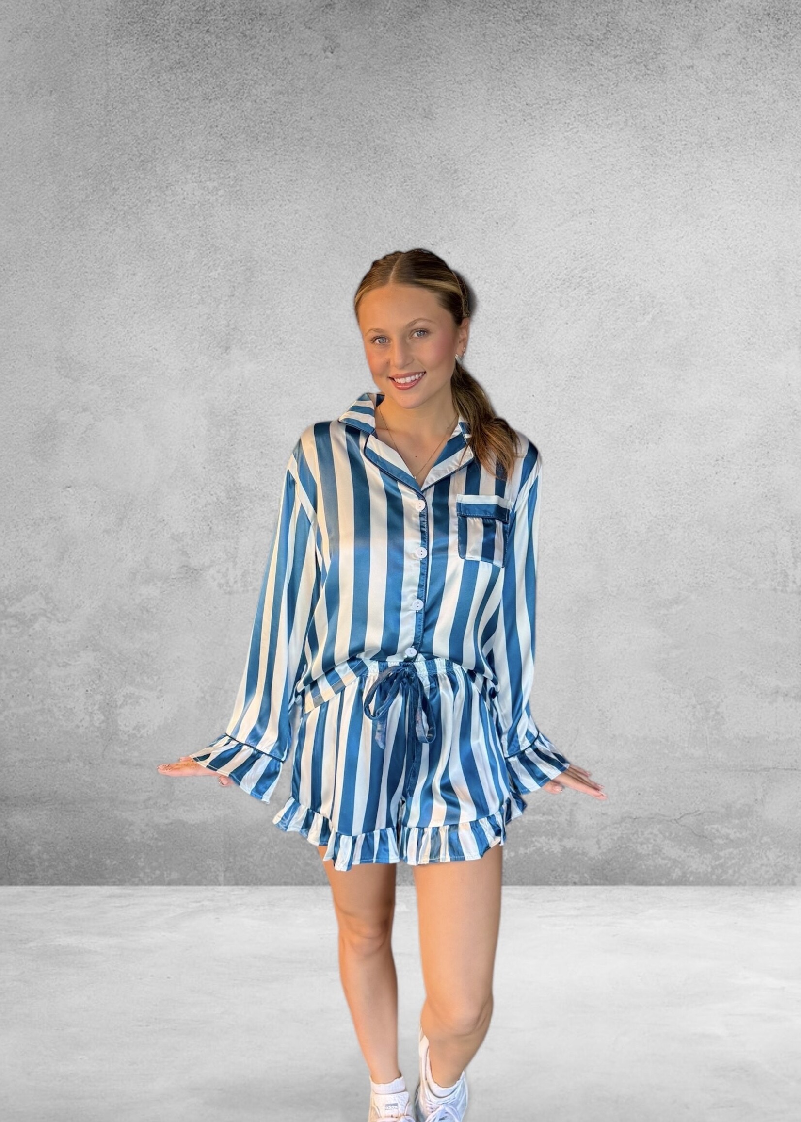 Bloom and Company Blue & White Long Sleeve Striped Satin Pajamas