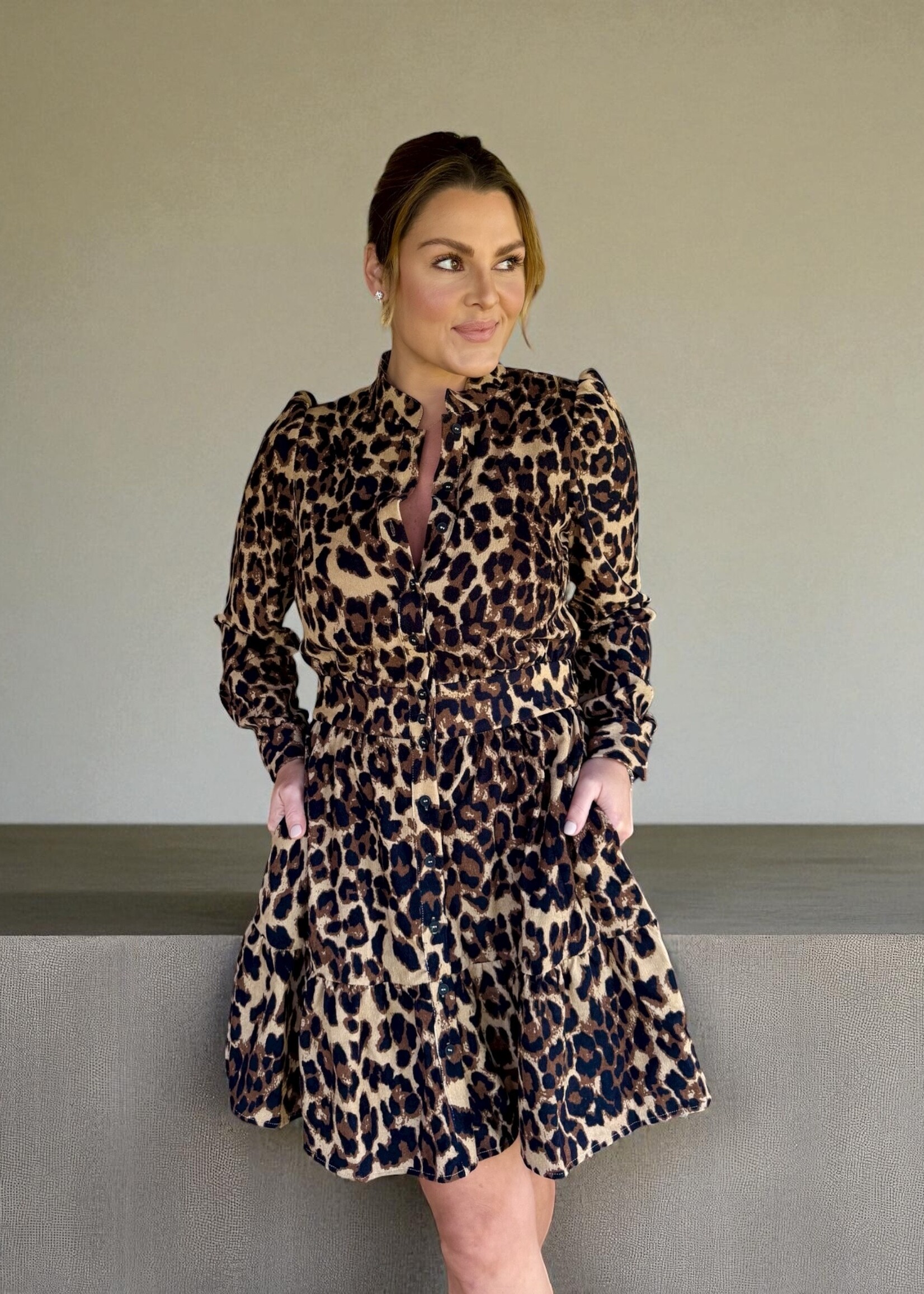 Bloom and Company Leopard Print Fitted Waist Shirt Dress