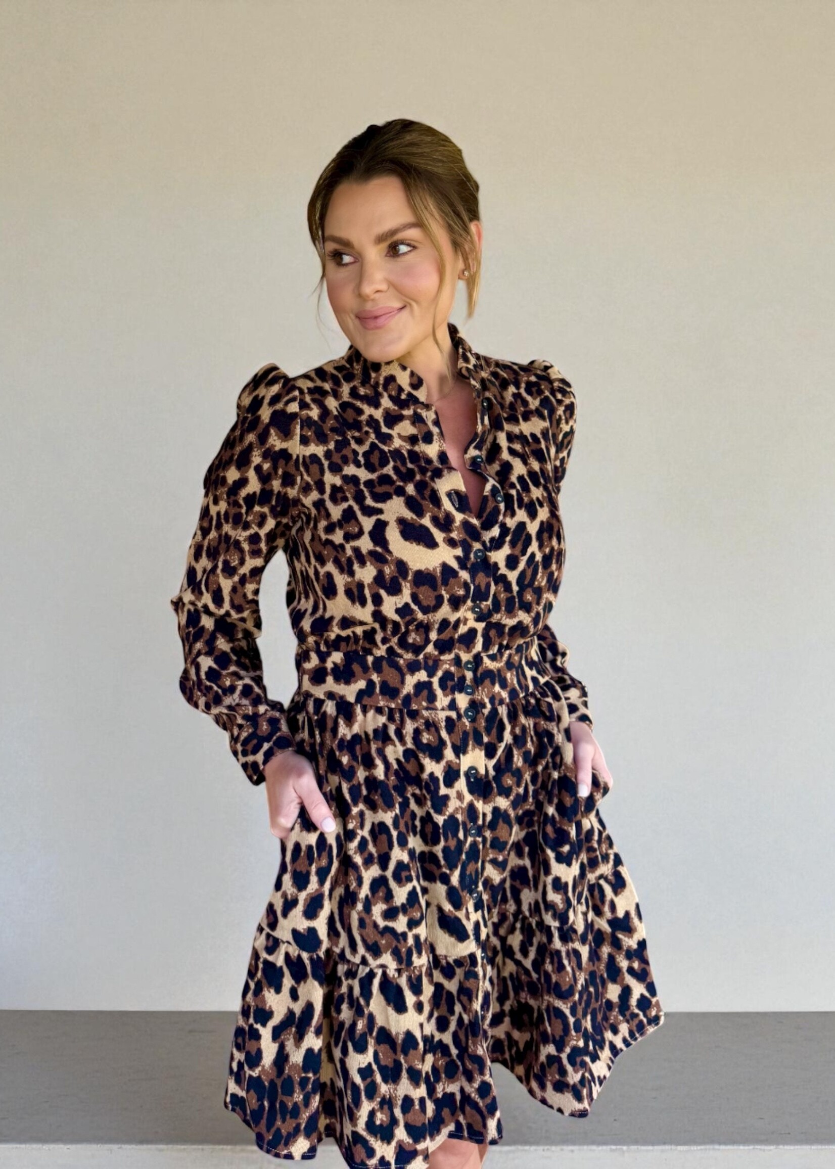 Bloom and Company Leopard Print Fitted Waist Shirt Dress