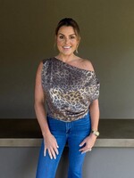 Bloom and Company Satin Leopard Print Off-Shoulder Top