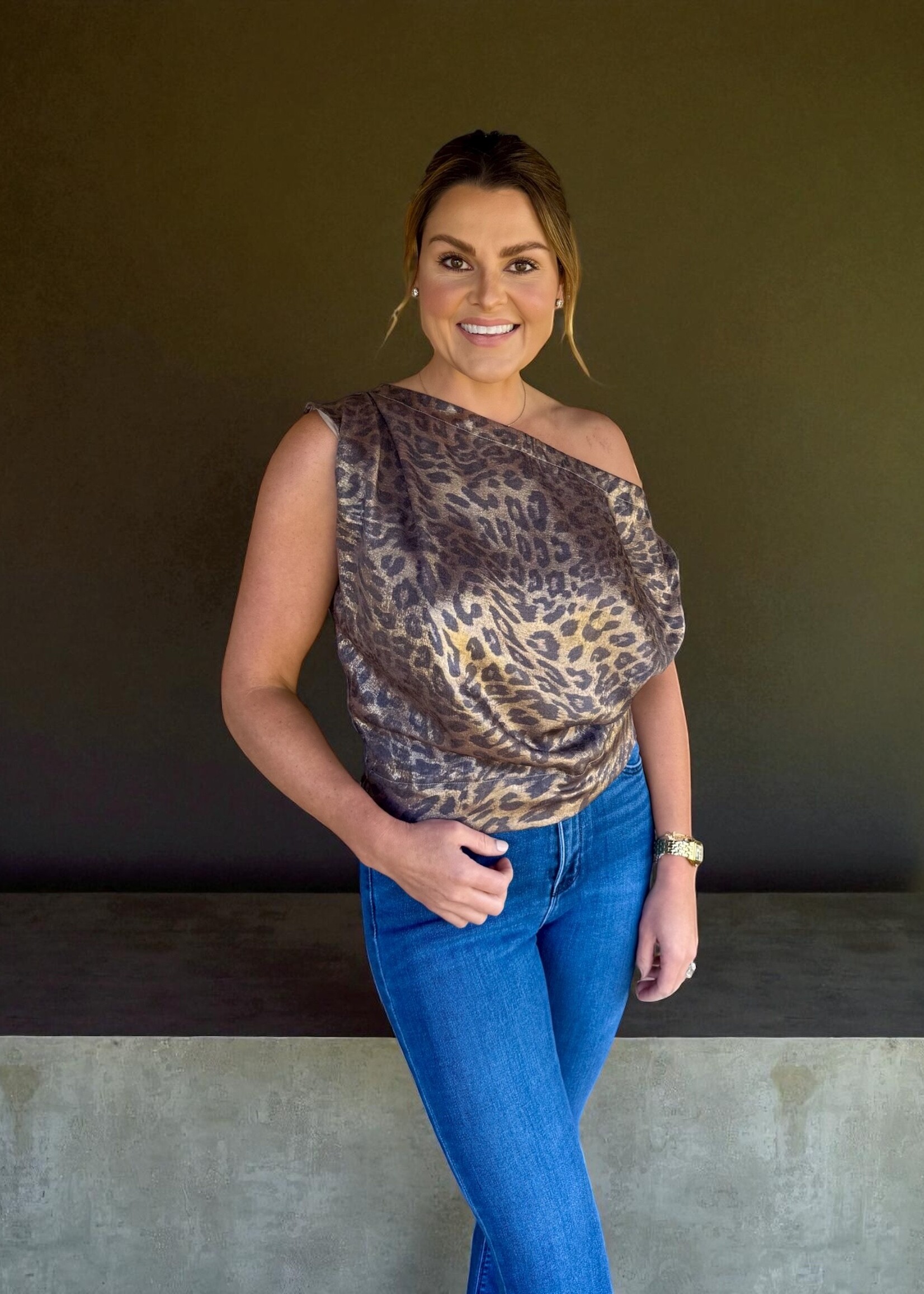 Bloom and Company Satin Leopard Print Off-Shoulder Top