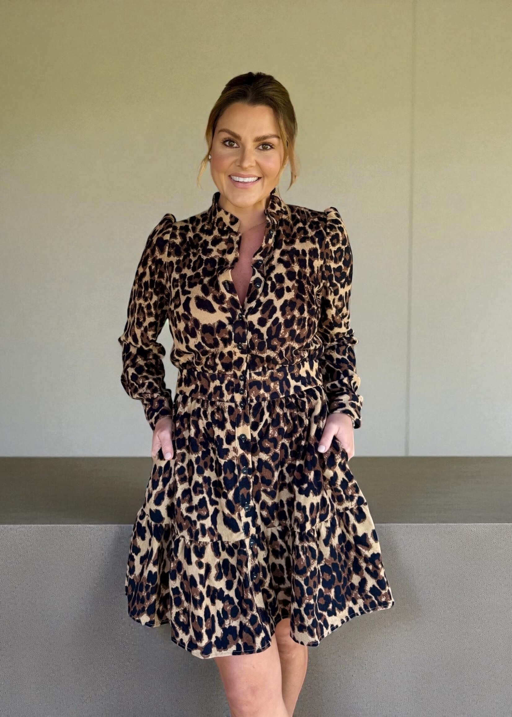 Bloom and Company Leopard Print Fitted Waist Shirt Dress