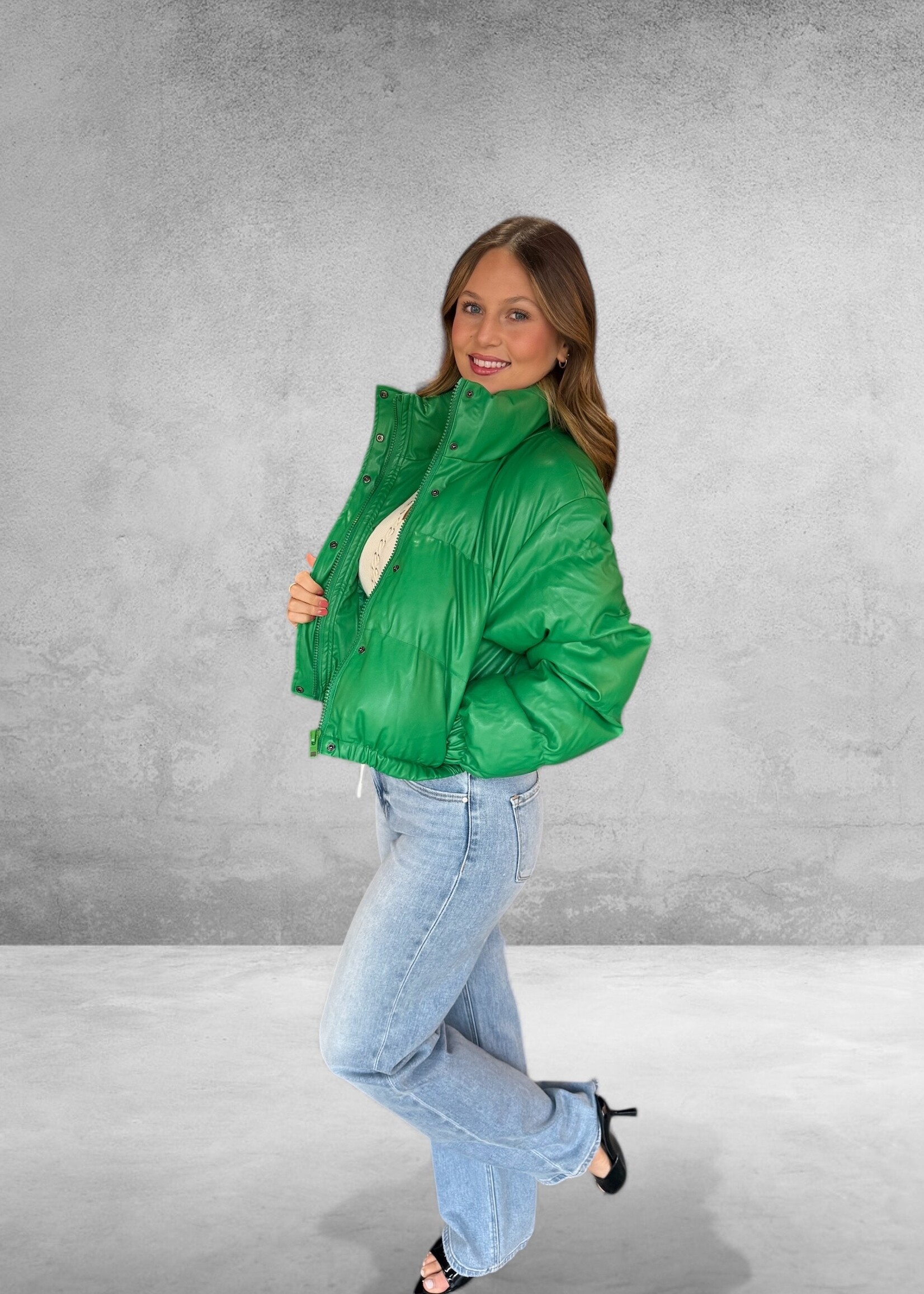 Bloom and Company Crop Faux Leather Puffer Jacket Green