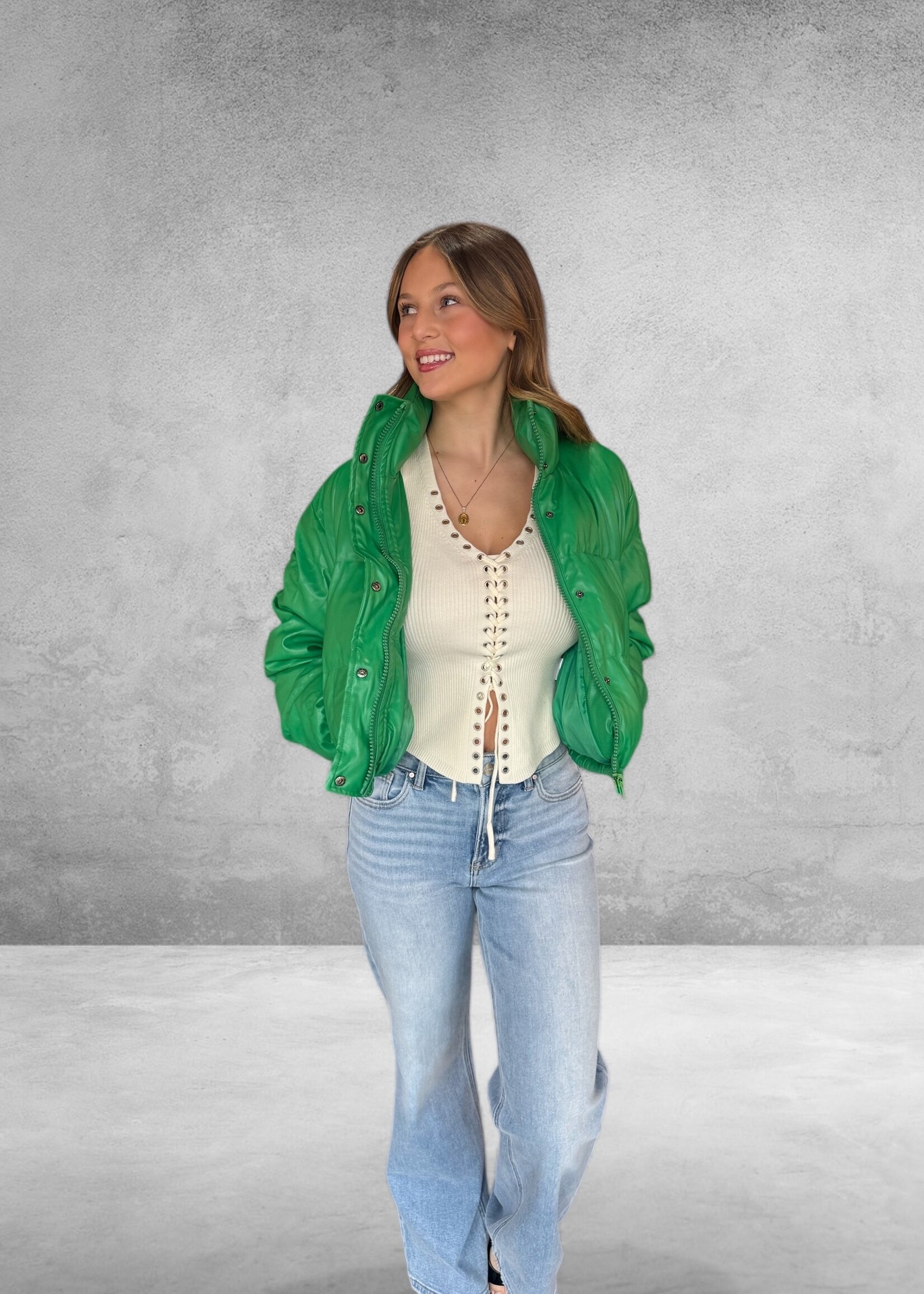 Bloom and Company Crop Faux Leather Puffer Jacket Green