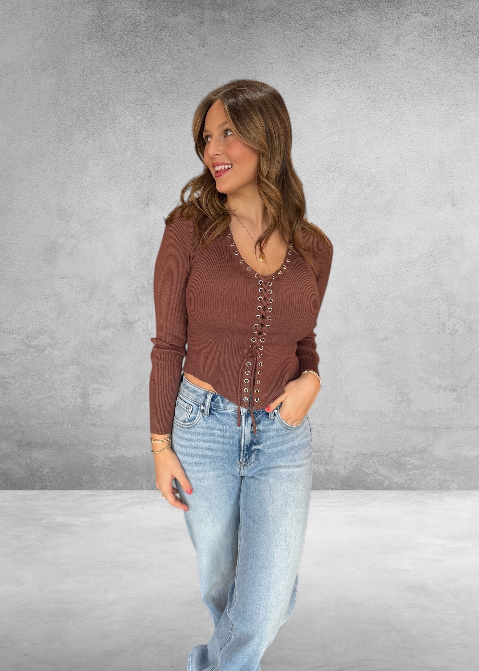 Bloom and Company Lace-Tie Sweater Brown