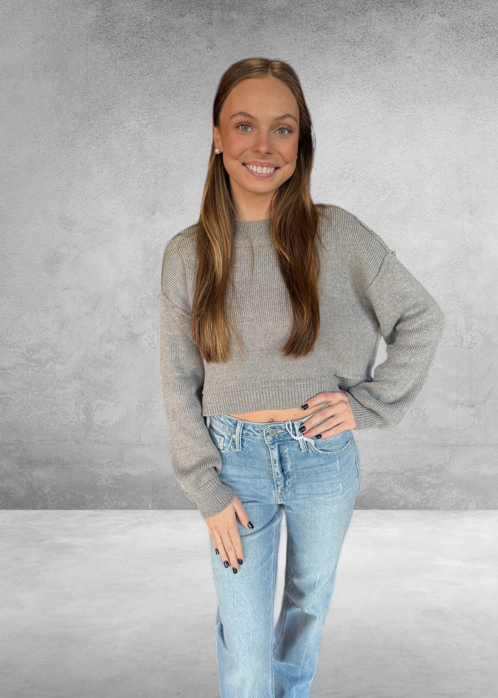 Bloom and Company Crop Exposed Seam Pullover Sweater Gray