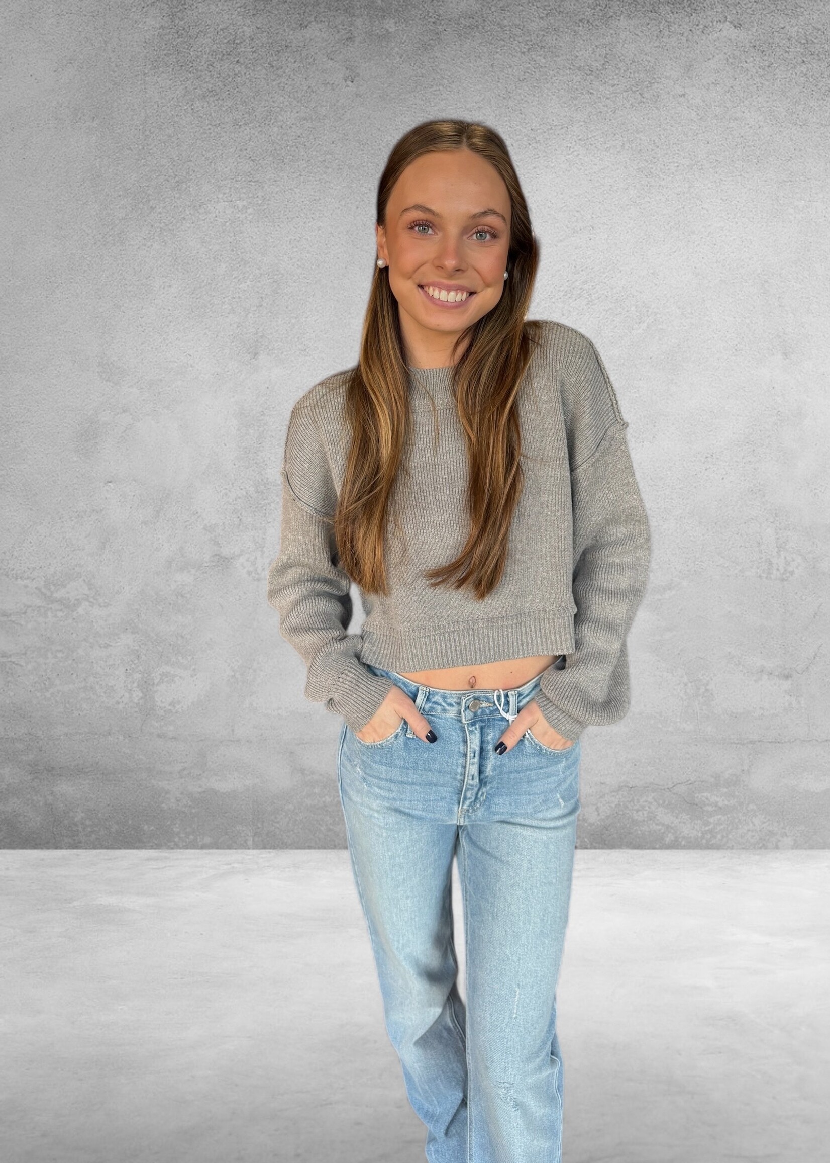 Bloom and Company Crop Exposed Seam Pullover Sweater Gray