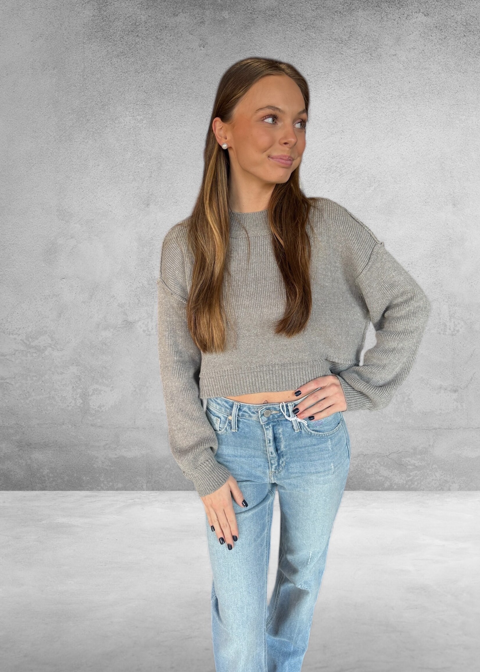 Bloom and Company Crop Exposed Seam Pullover Sweater Gray