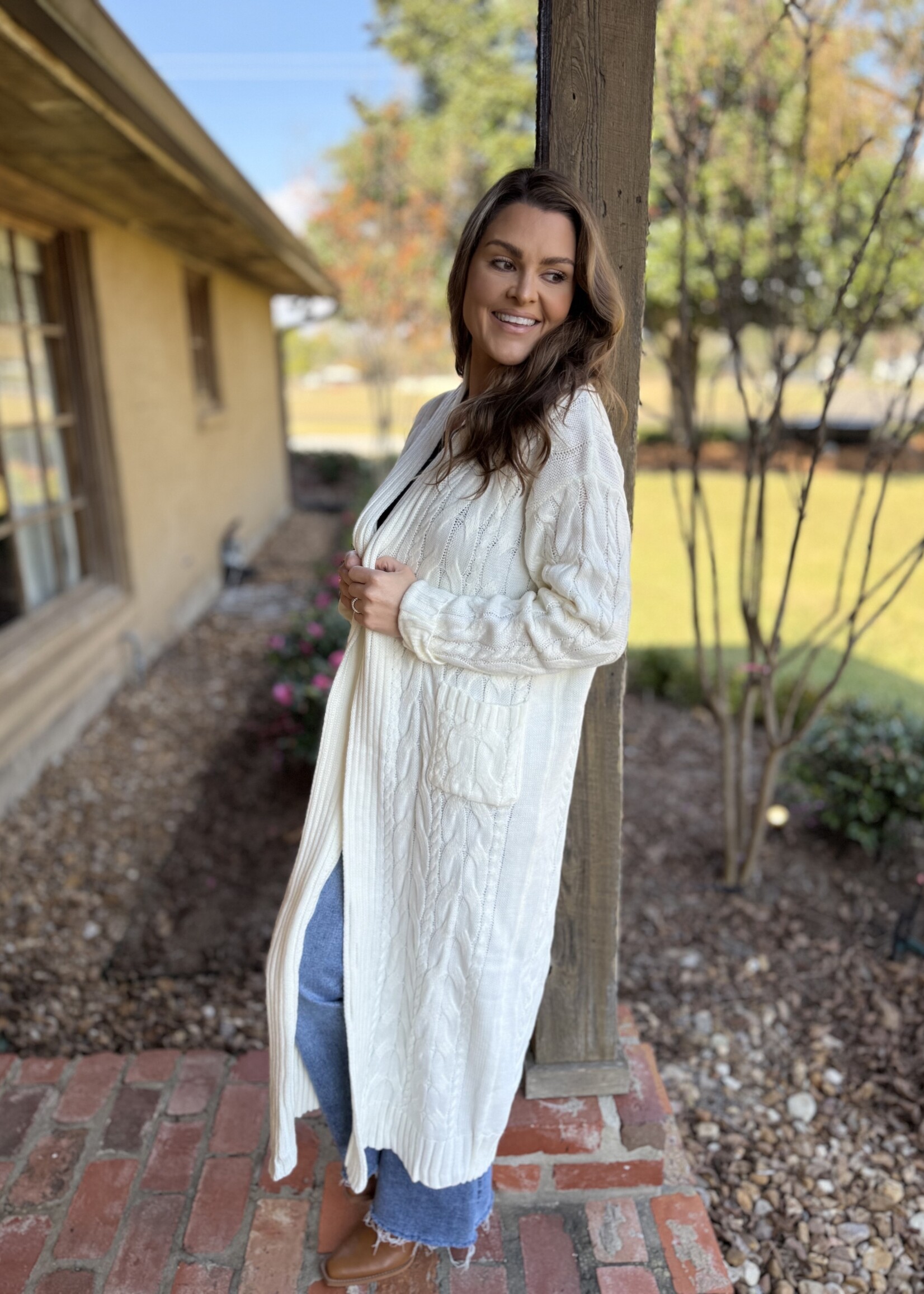 Bloom and Company Chunky Cable Knit Long Cardigan White