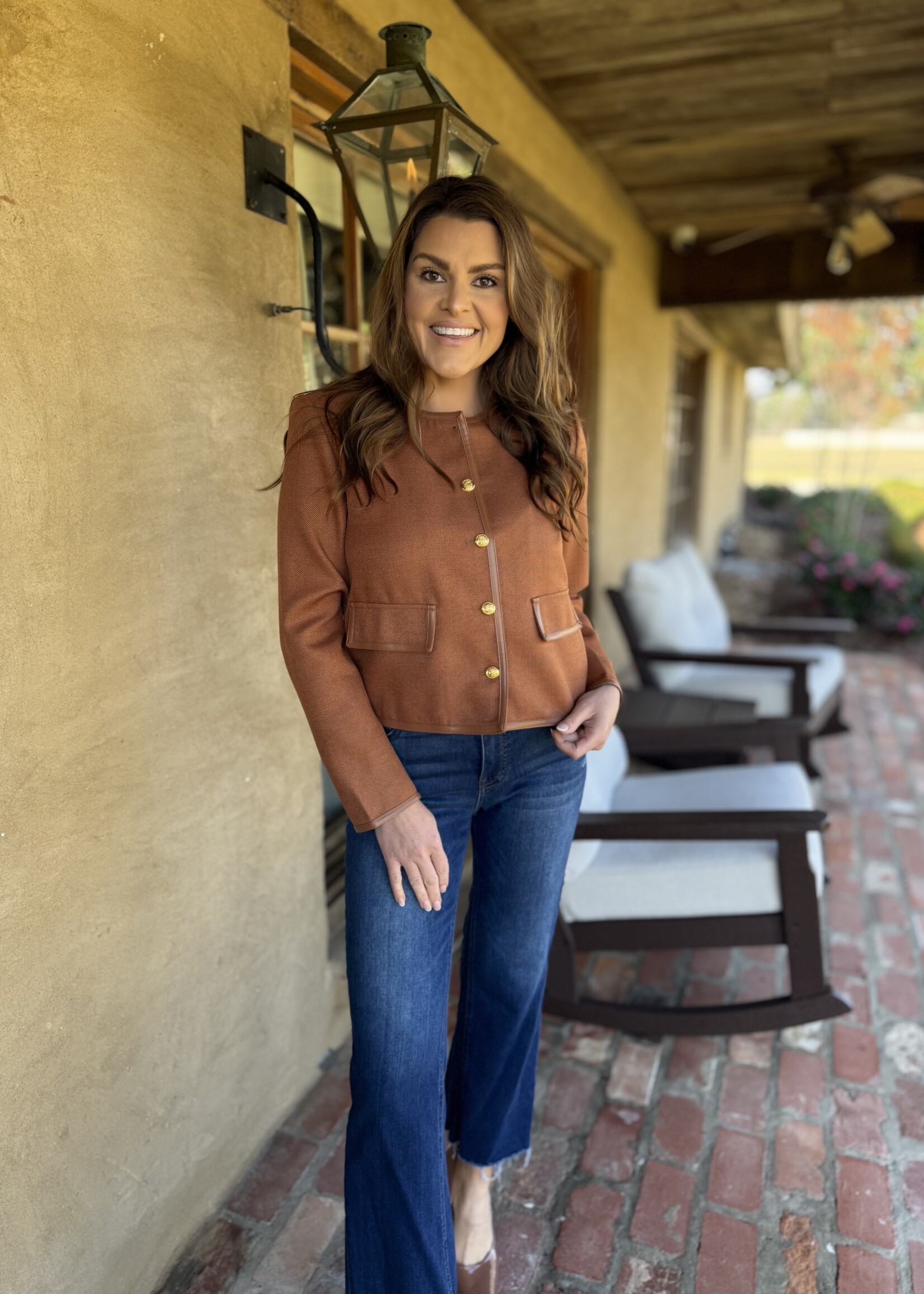 Bloom and Company Tweed Round Gold Button Crop Tan Jacket