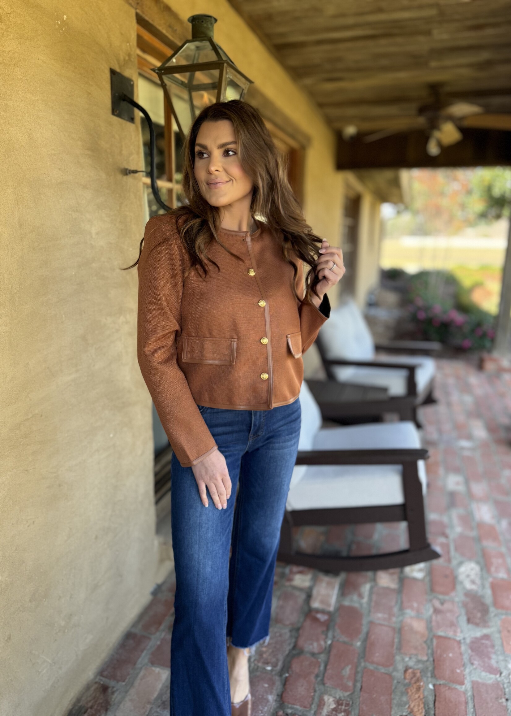 Bloom and Company Tweed Round Gold Button Crop Tan Jacket