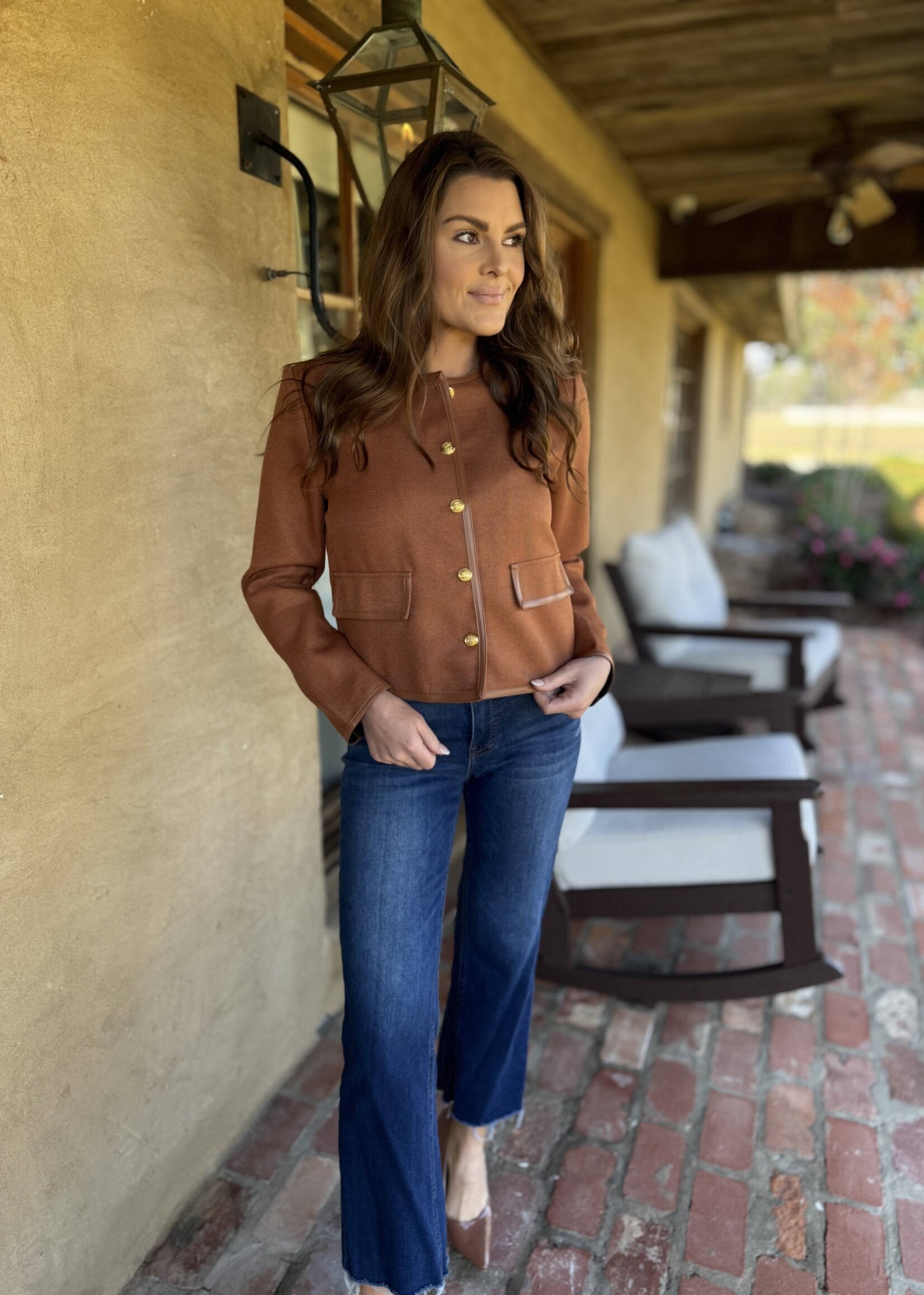 Bloom and Company Tweed Round Gold Button Crop Tan Jacket