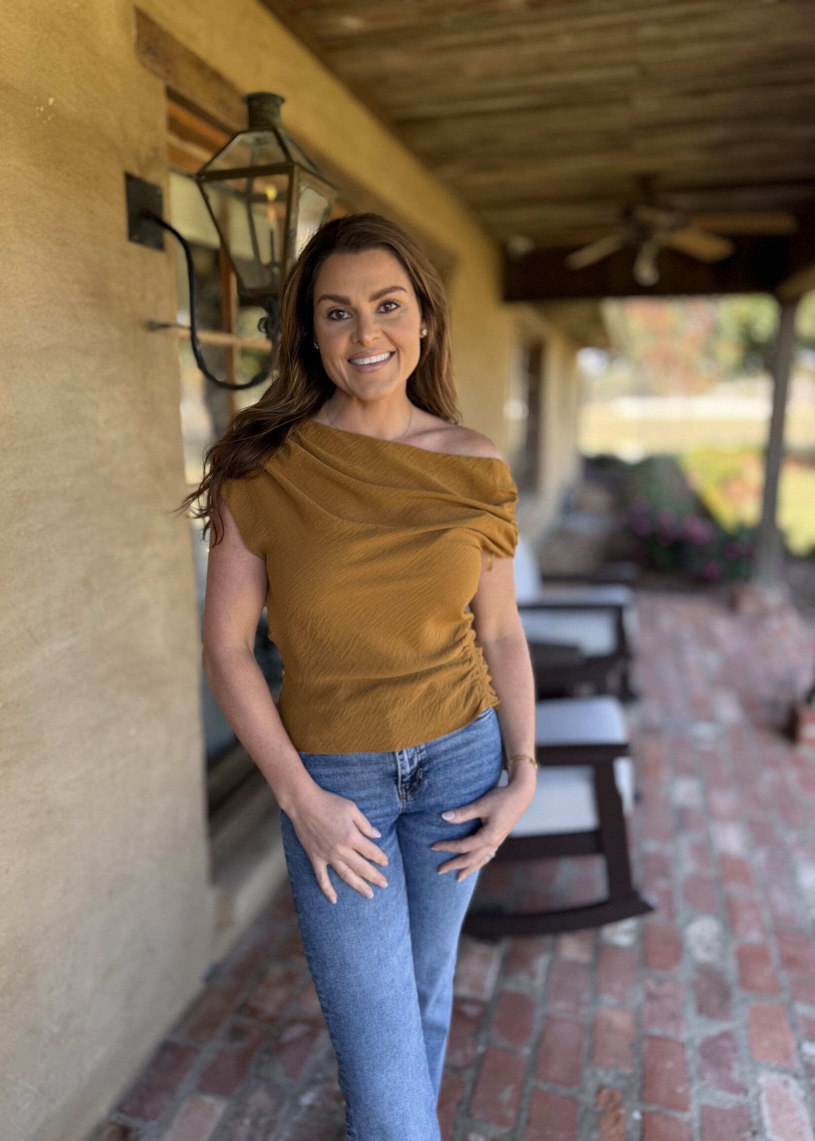 Bloom and Company Ruched One Shoulder Top Gold Mustard