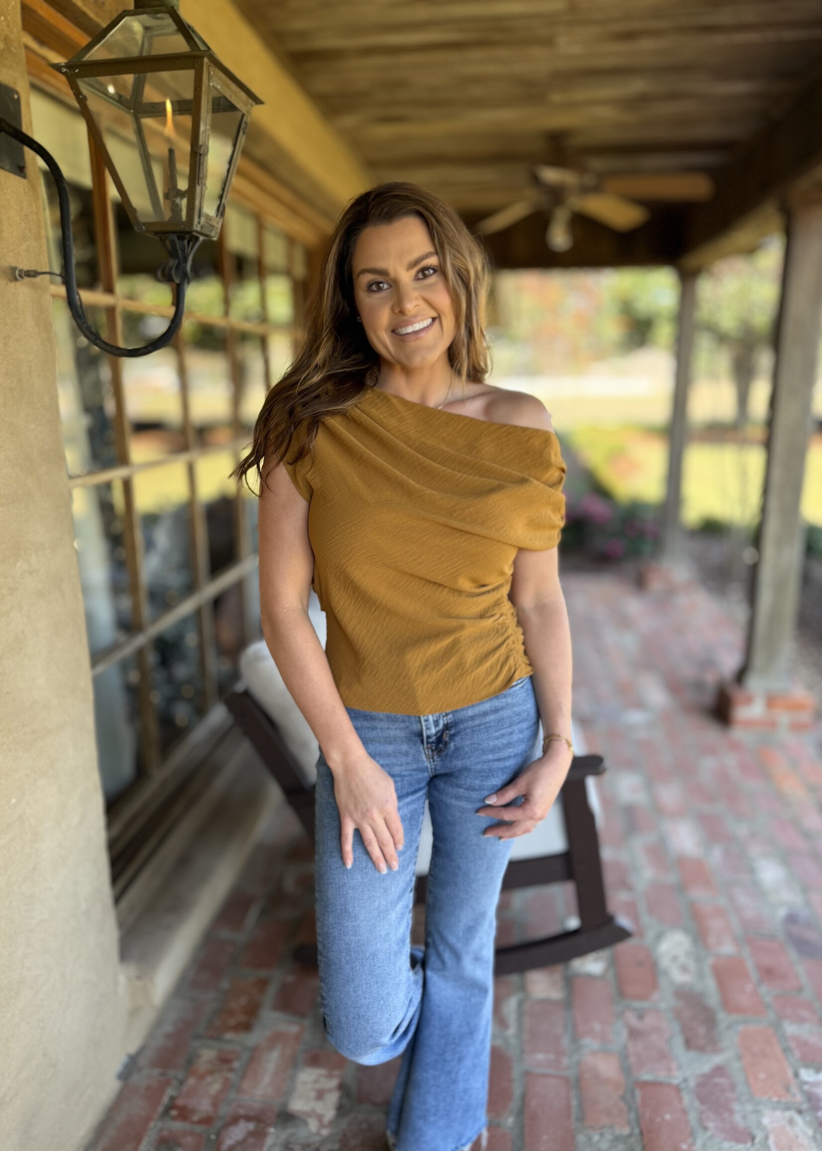 Bloom and Company Ruched One Shoulder Top Gold Mustard