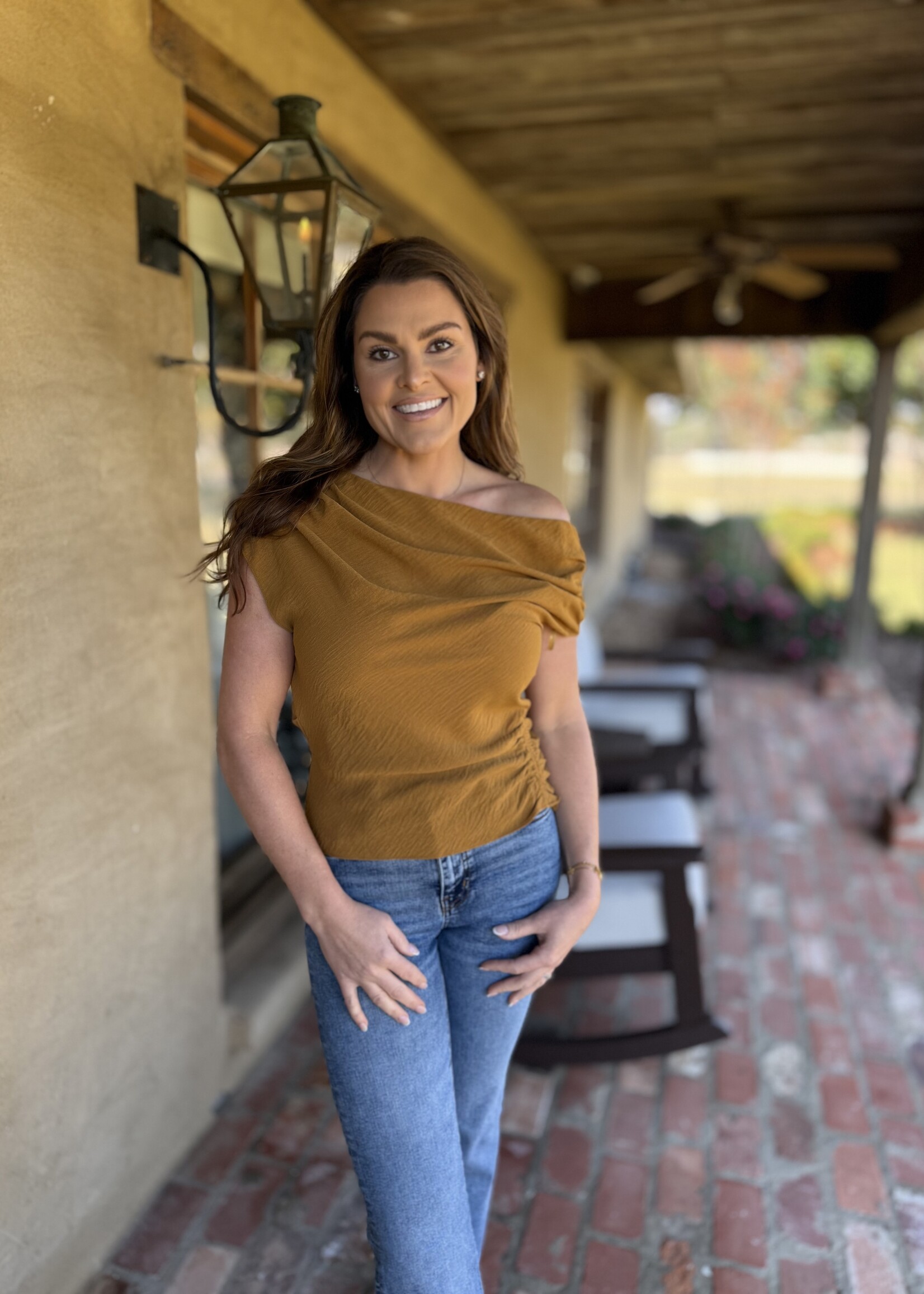 Bloom and Company Ruched One Shoulder Top Gold Mustard