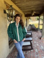 Bloom and Company Green Leopard Contrast Trim V-Neck Ruffle Blouse