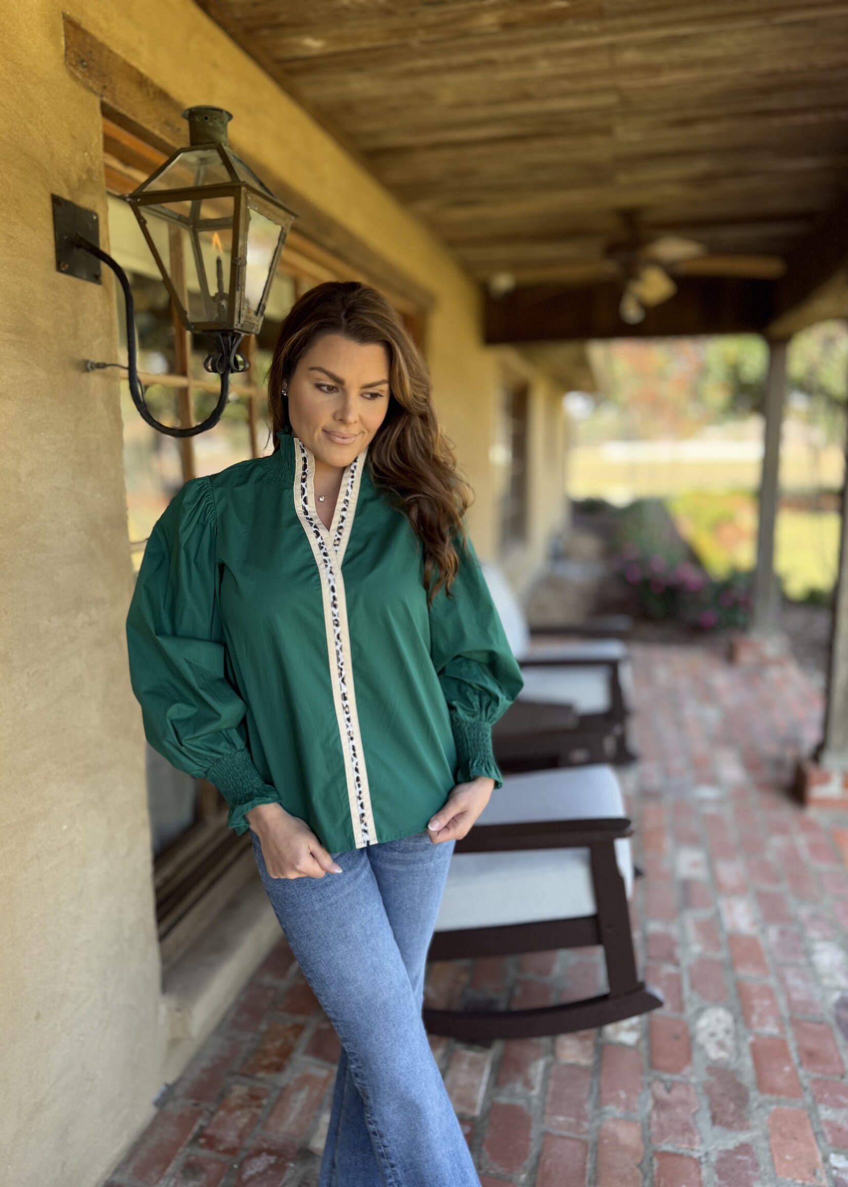 Bloom and Company Green Leopard Contrast Trim V-Neck Ruffle Blouse
