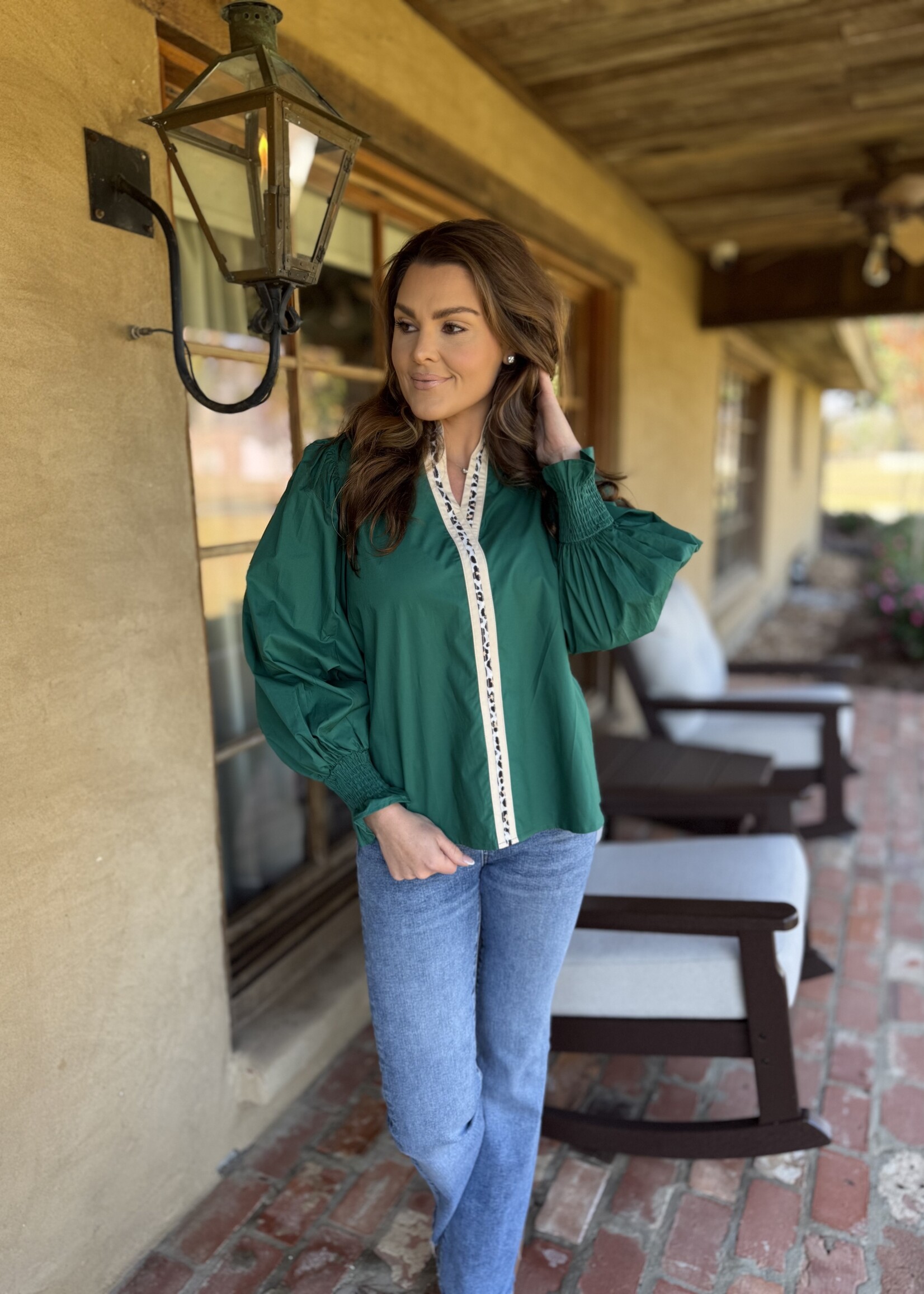 Bloom and Company Green Leopard Contrast Trim V-Neck Ruffle Blouse