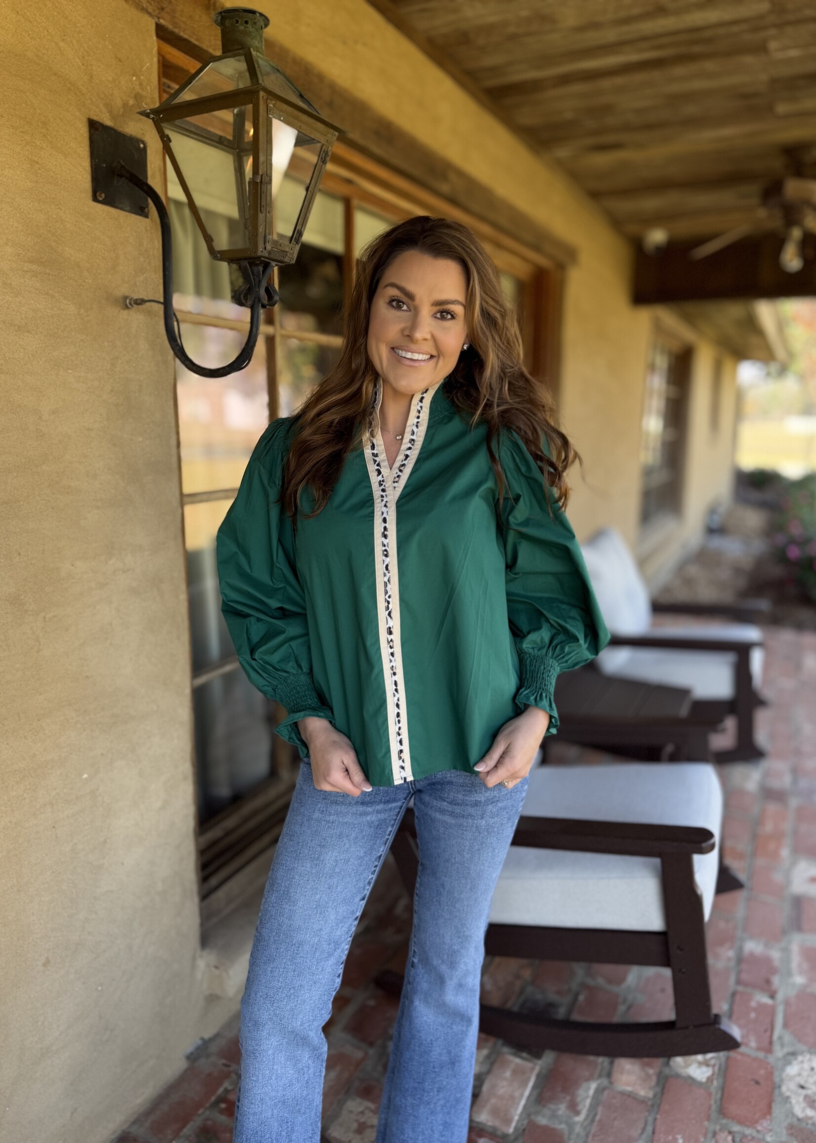 Bloom and Company Green Leopard Contrast Trim V-Neck Ruffle Blouse