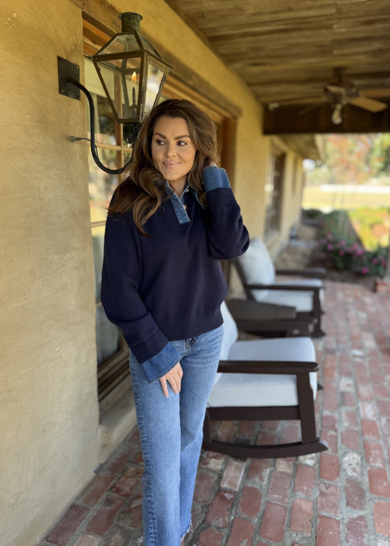 Bloom and Company Navy Sweater w/ Denim Collar & Gold Buttons