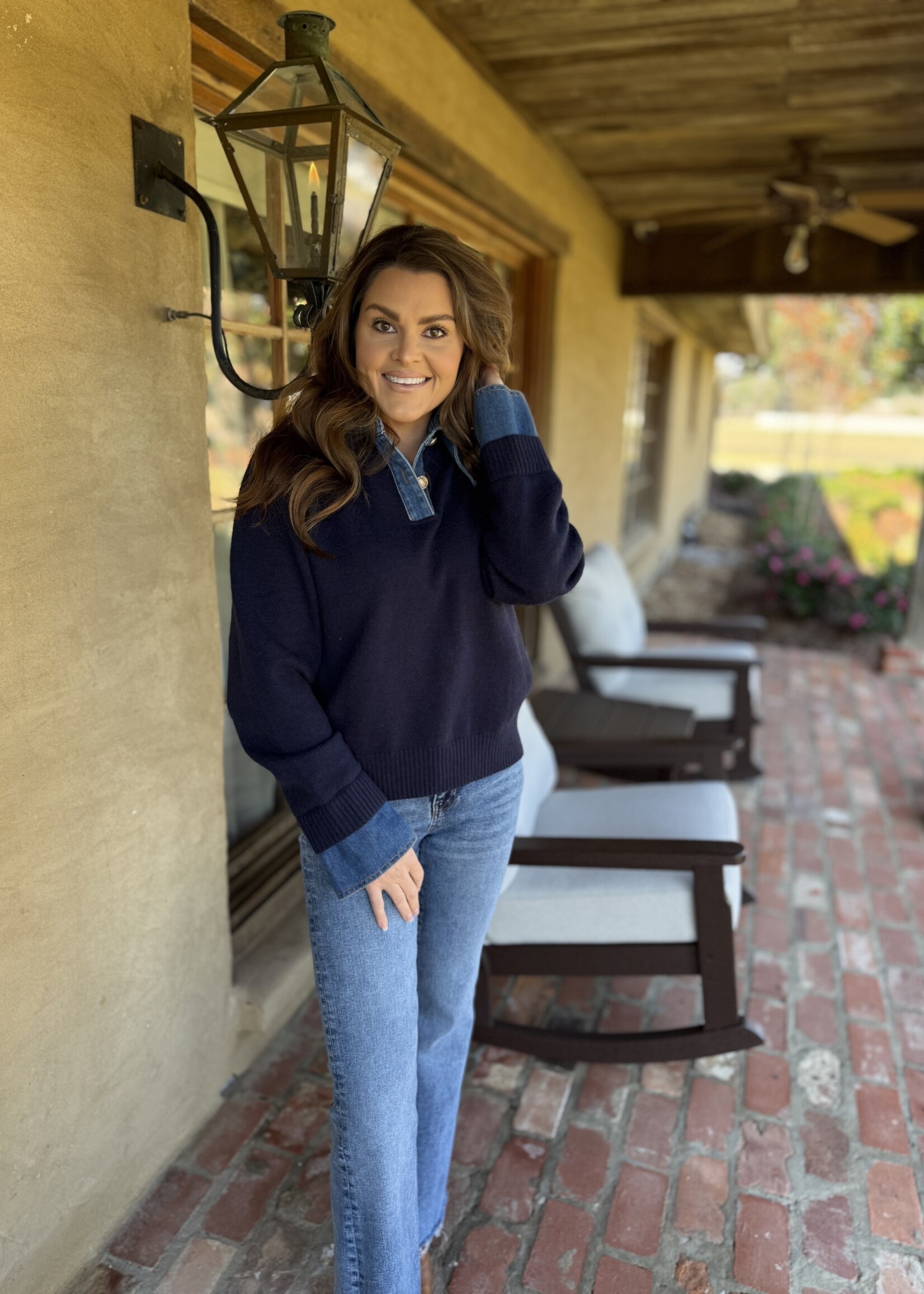 Bloom and Company Navy Sweater w/ Denim Collar & Gold Buttons