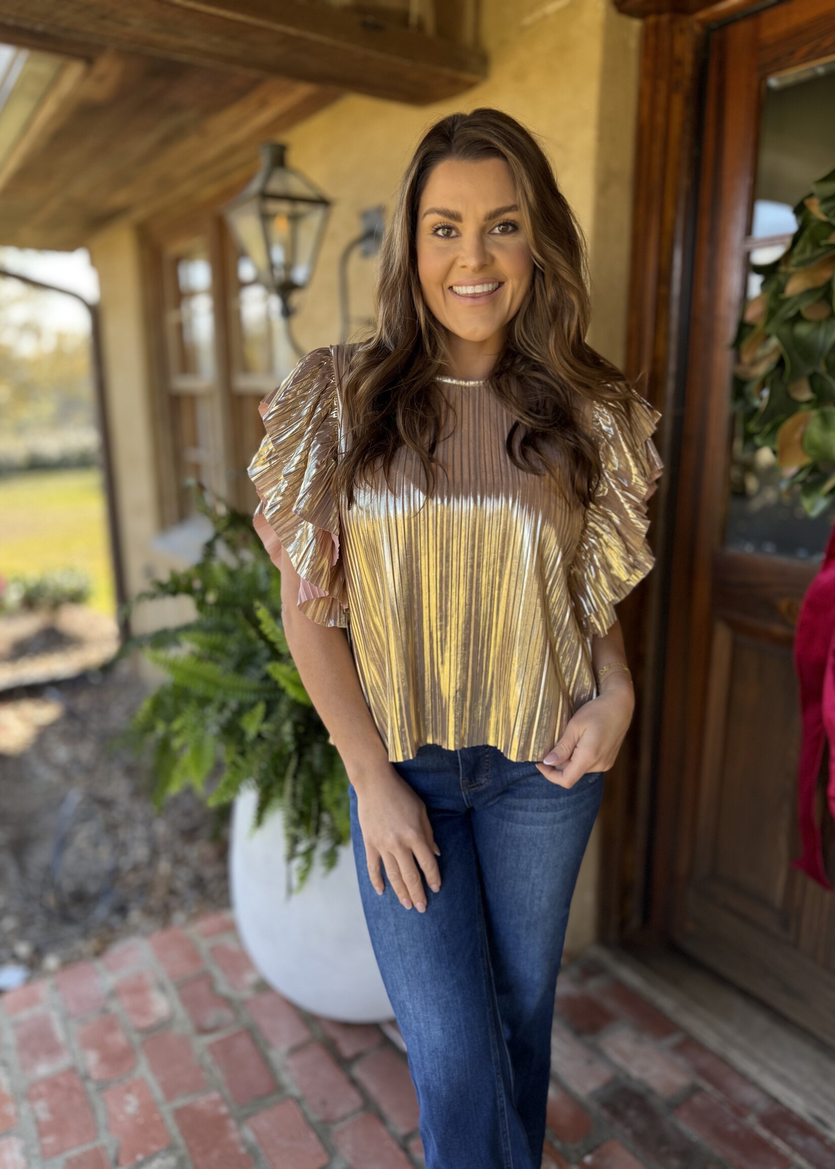 Bloom and Company Flutter Sleeve Pleated Top Gold