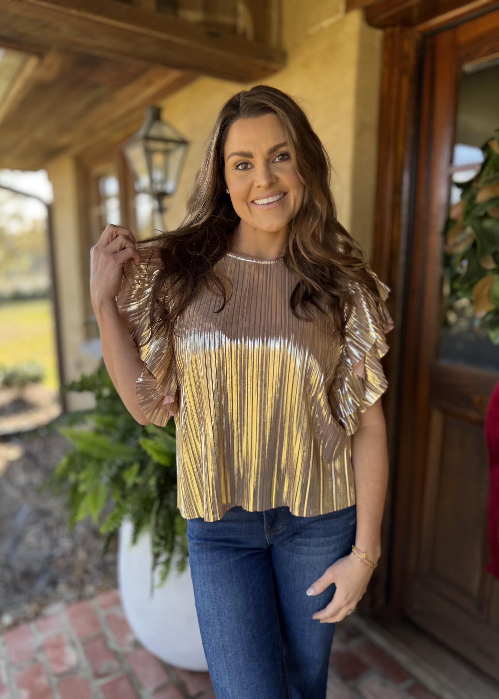 Bloom and Company Flutter Sleeve Pleated Top Gold