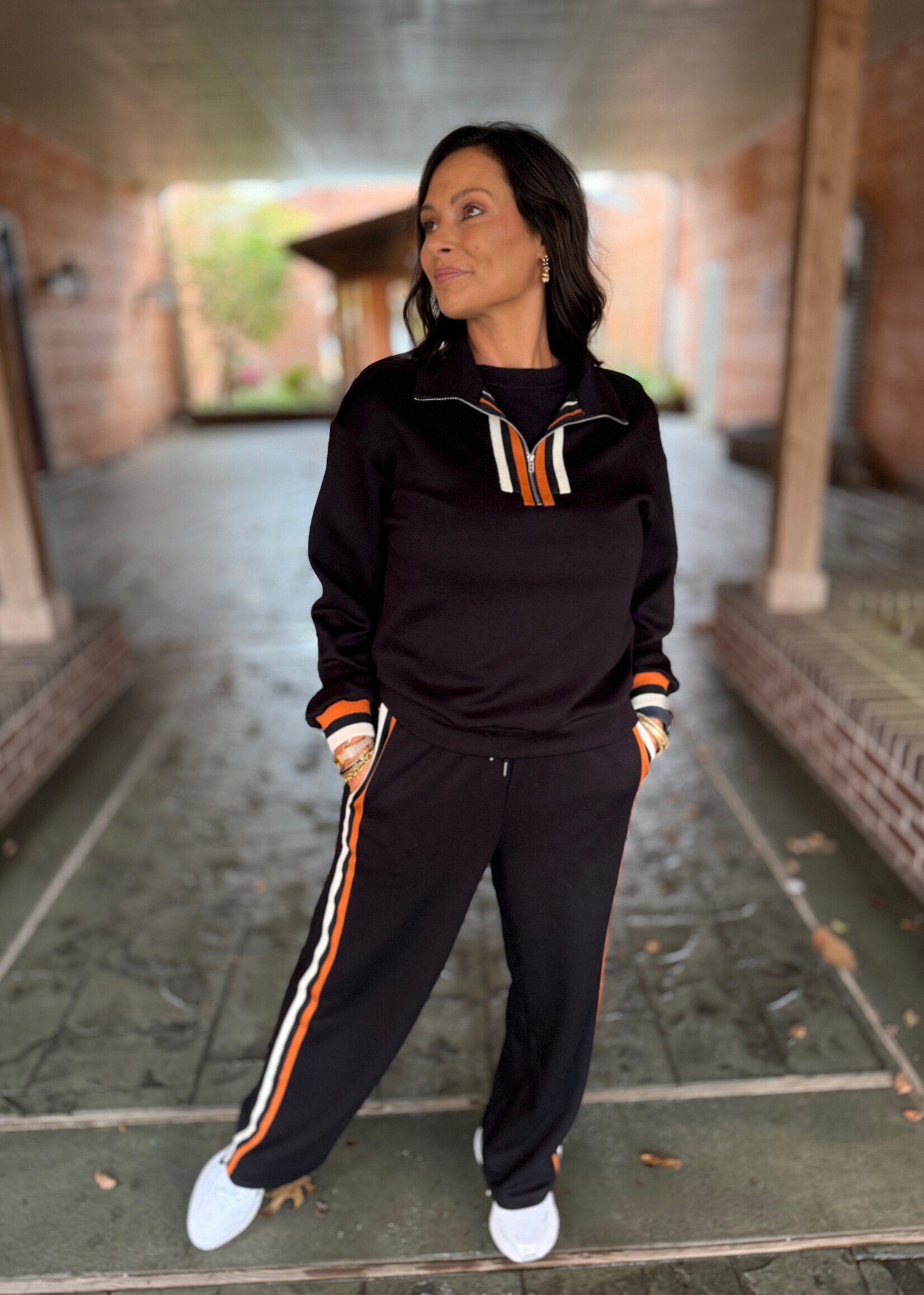 Bloom and Company Striped Trim Zip Collared Pullover & Pants Set