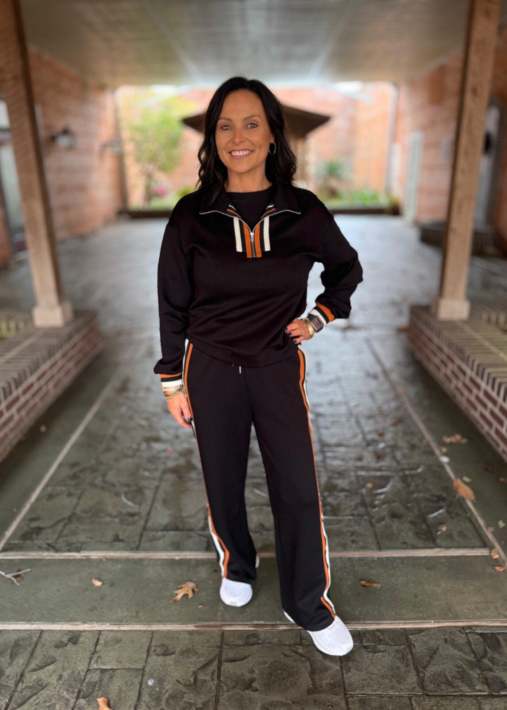 Bloom and Company Striped Trim Zip Collared Pullover & Pants Set