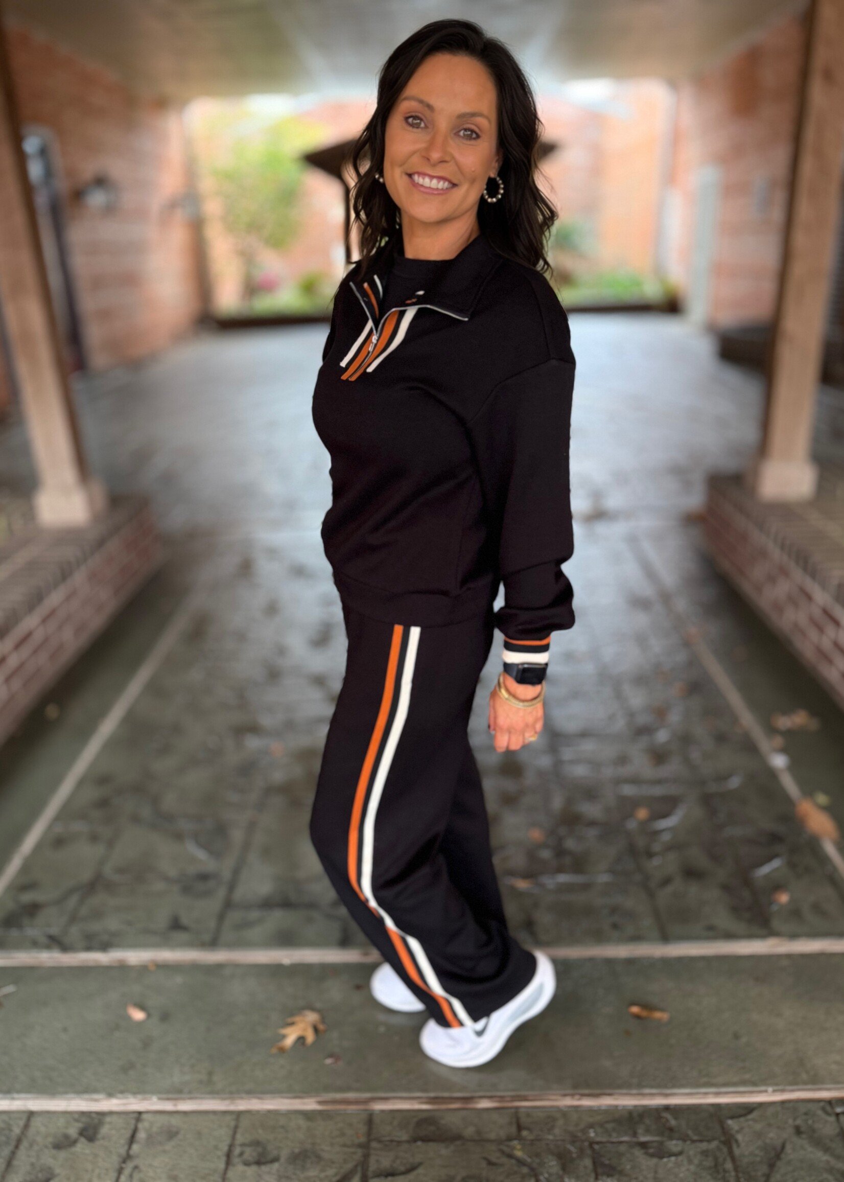 Bloom and Company Striped Trim Zip Collared Pullover & Pants Set