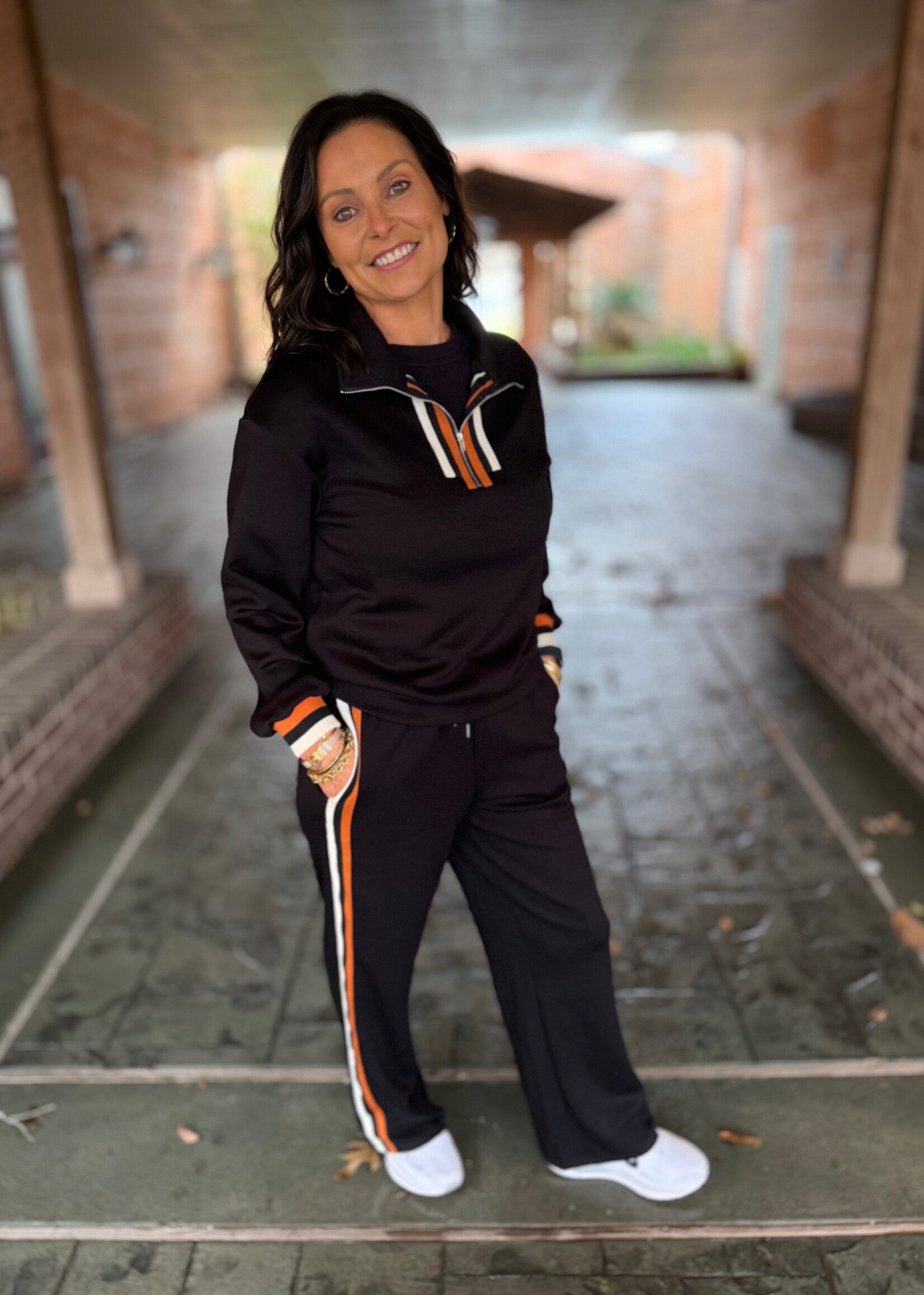 Bloom and Company Striped Trim Zip Collared Pullover & Pants Set