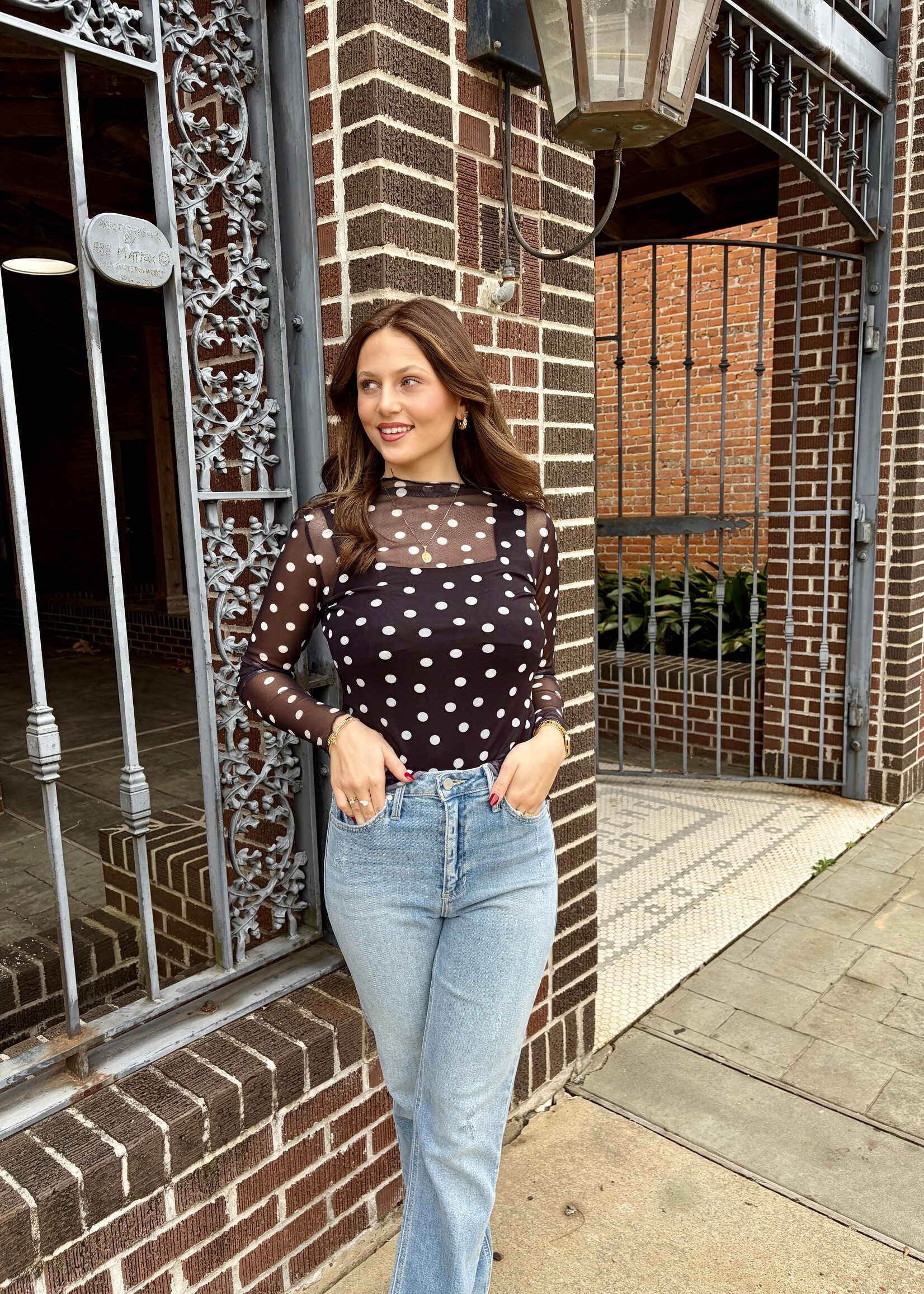 Bloom and Company Black Polka Dot Mesh Long Sleeve Top